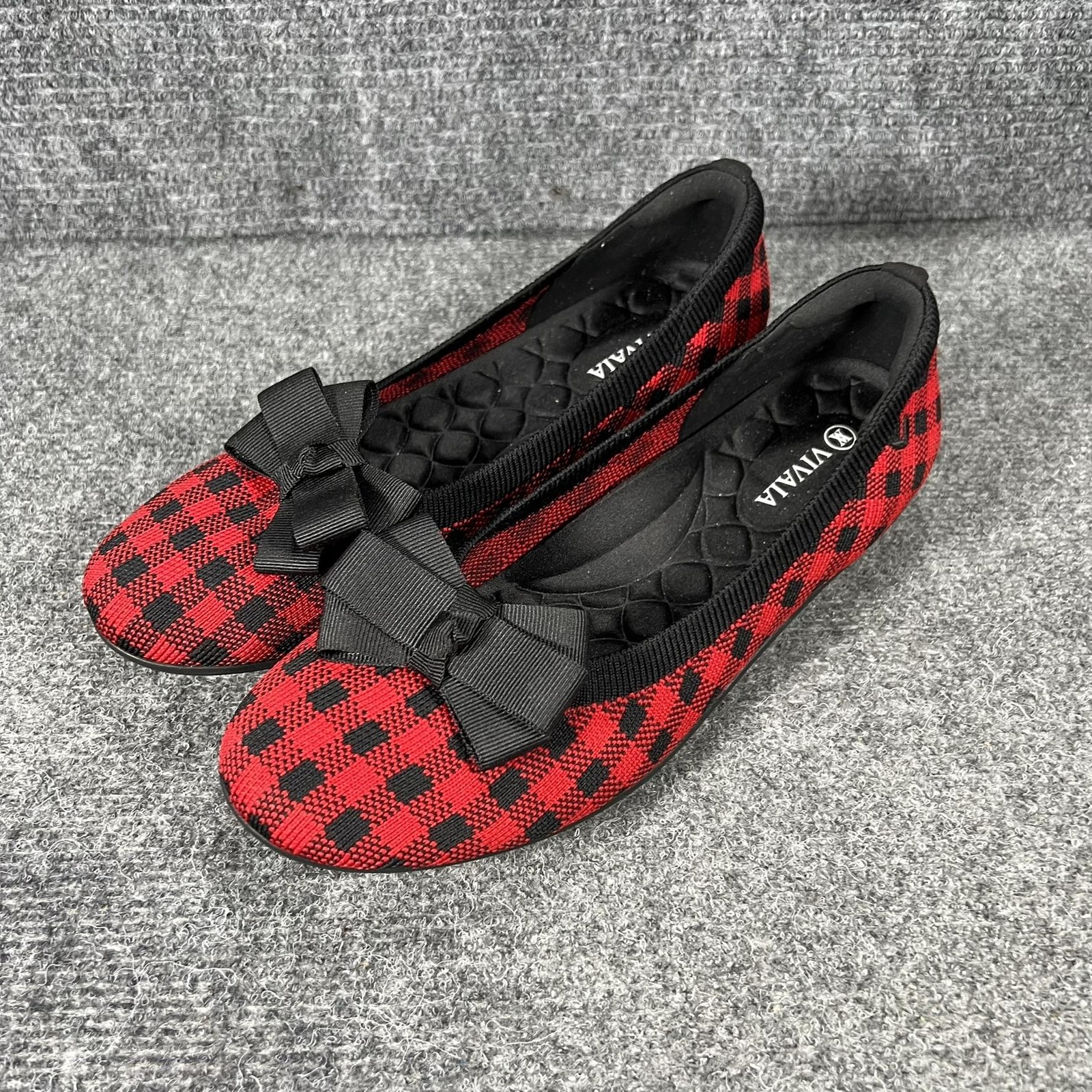 Vivaia Shoes Womens Size 9.5 Red Plaid Knit Ballet Flats Bow Eco Friendly