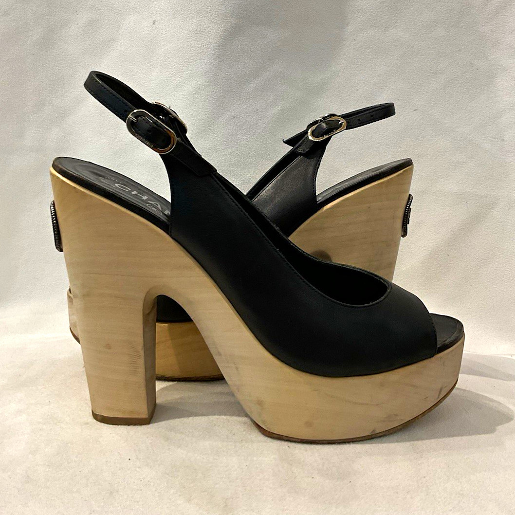 CHANEL Black Leather Peep Toe Platform Slingback Block Heels EU 41