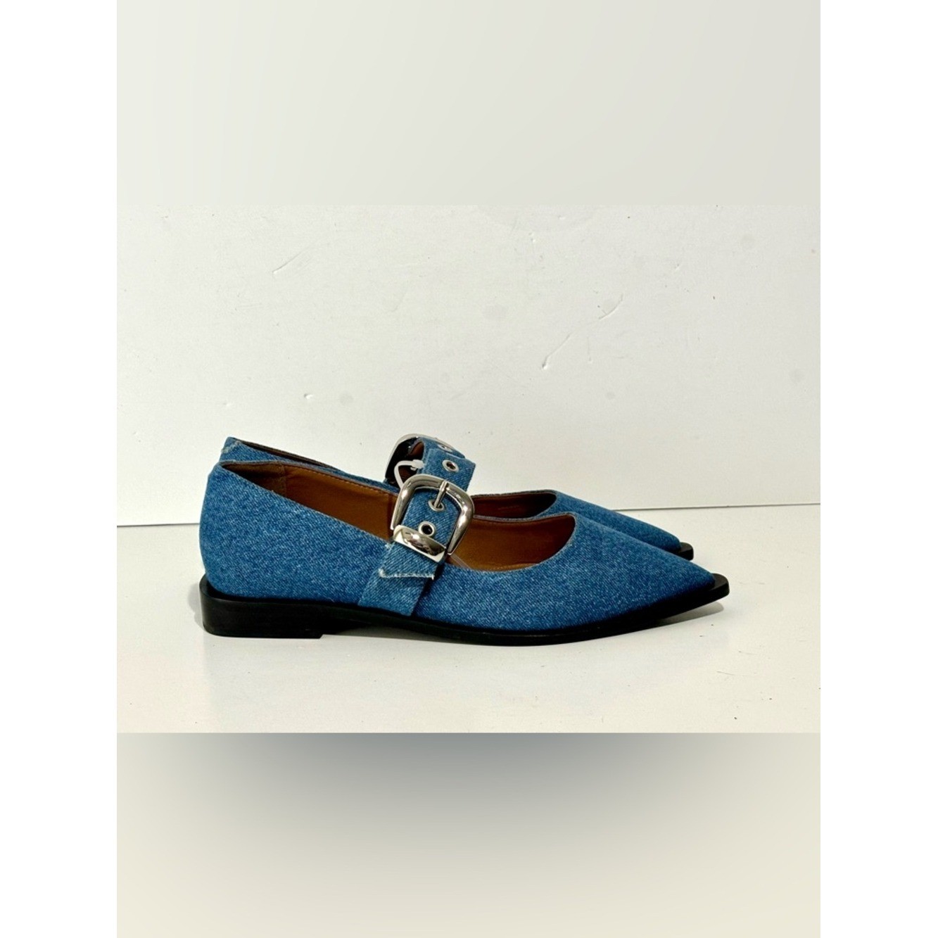 NWOT Anthropologie Maeve Blue Ballet-Shoes Pointed-Toe Mary Jane Flats Size 38/8