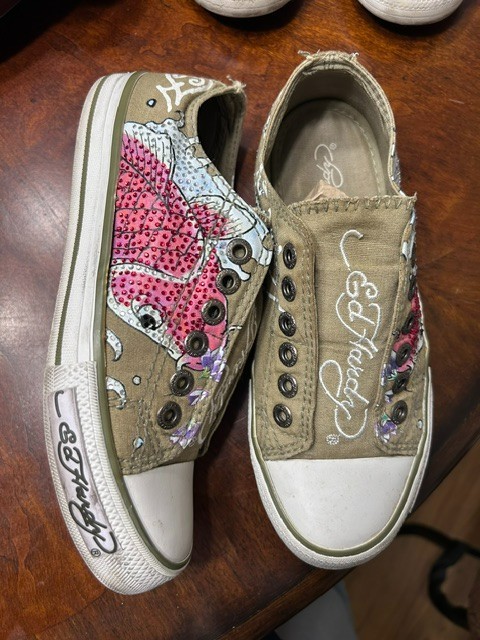 Vintage Ed Hardy Tan/Green Koi Fish Slip On Sneakers Tattoo Art Y2K Size 5