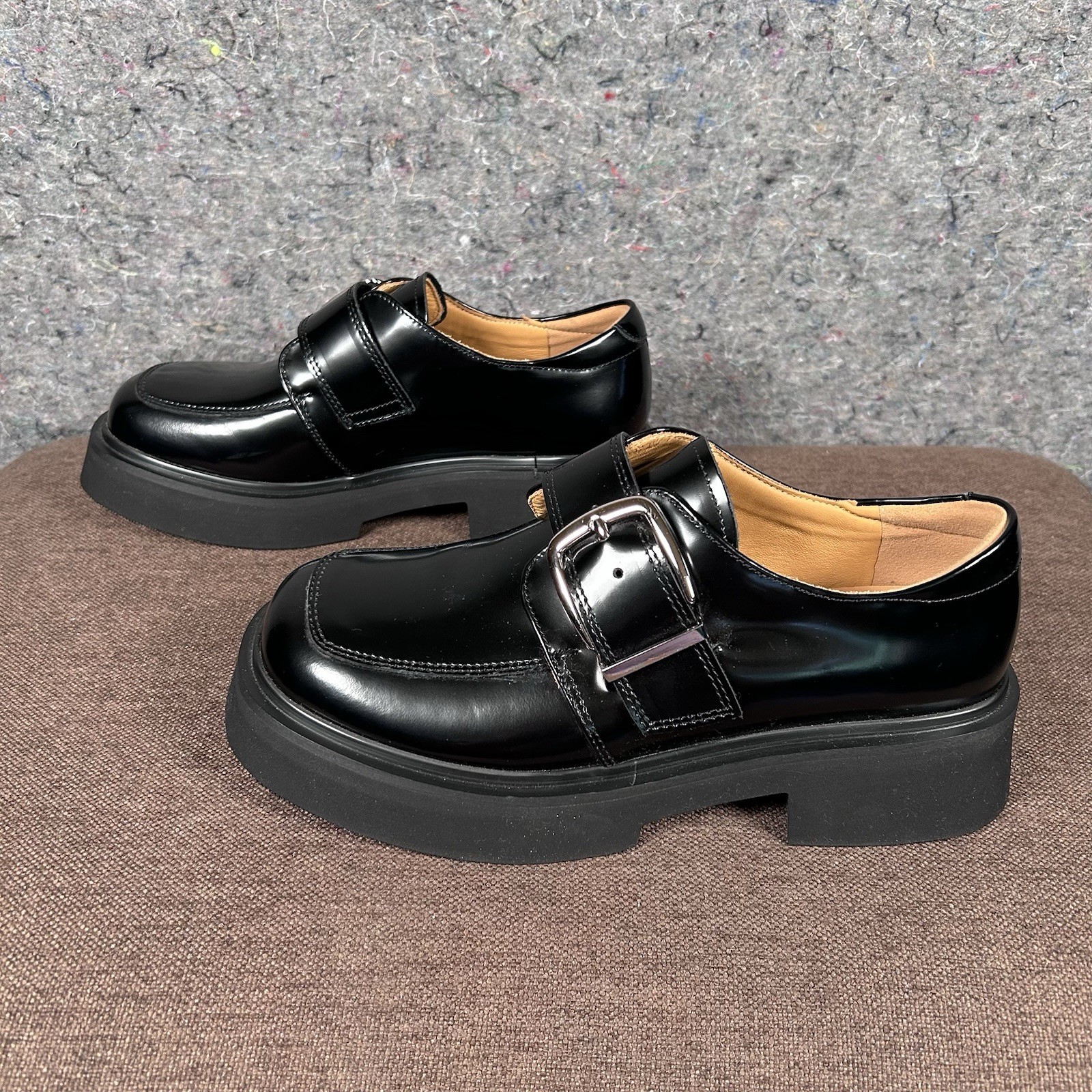 Beau Today Women’s Calfskin Business Casual Buckle Loafer Black Chunky 7-7.5