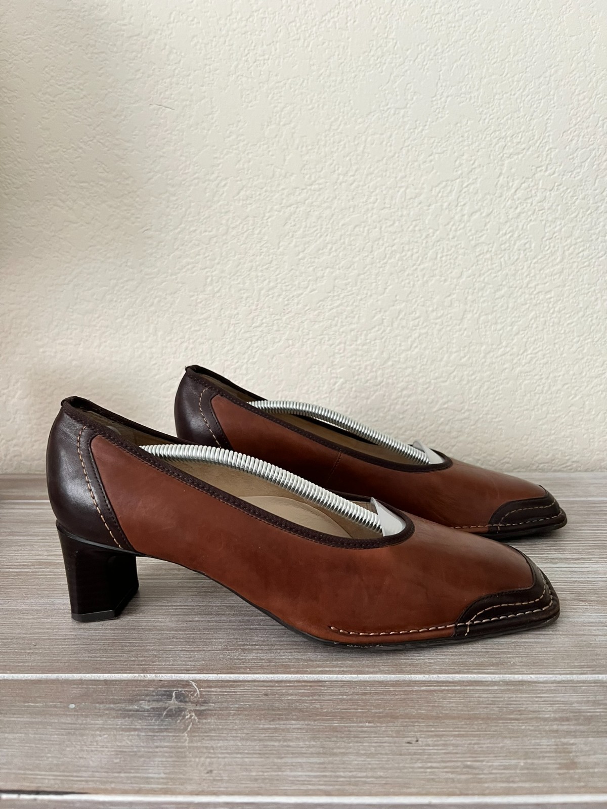 Ara Germany Relax Flex Leather Pumps Brown Square Toe Block Heel UK 5.5 G US 8
