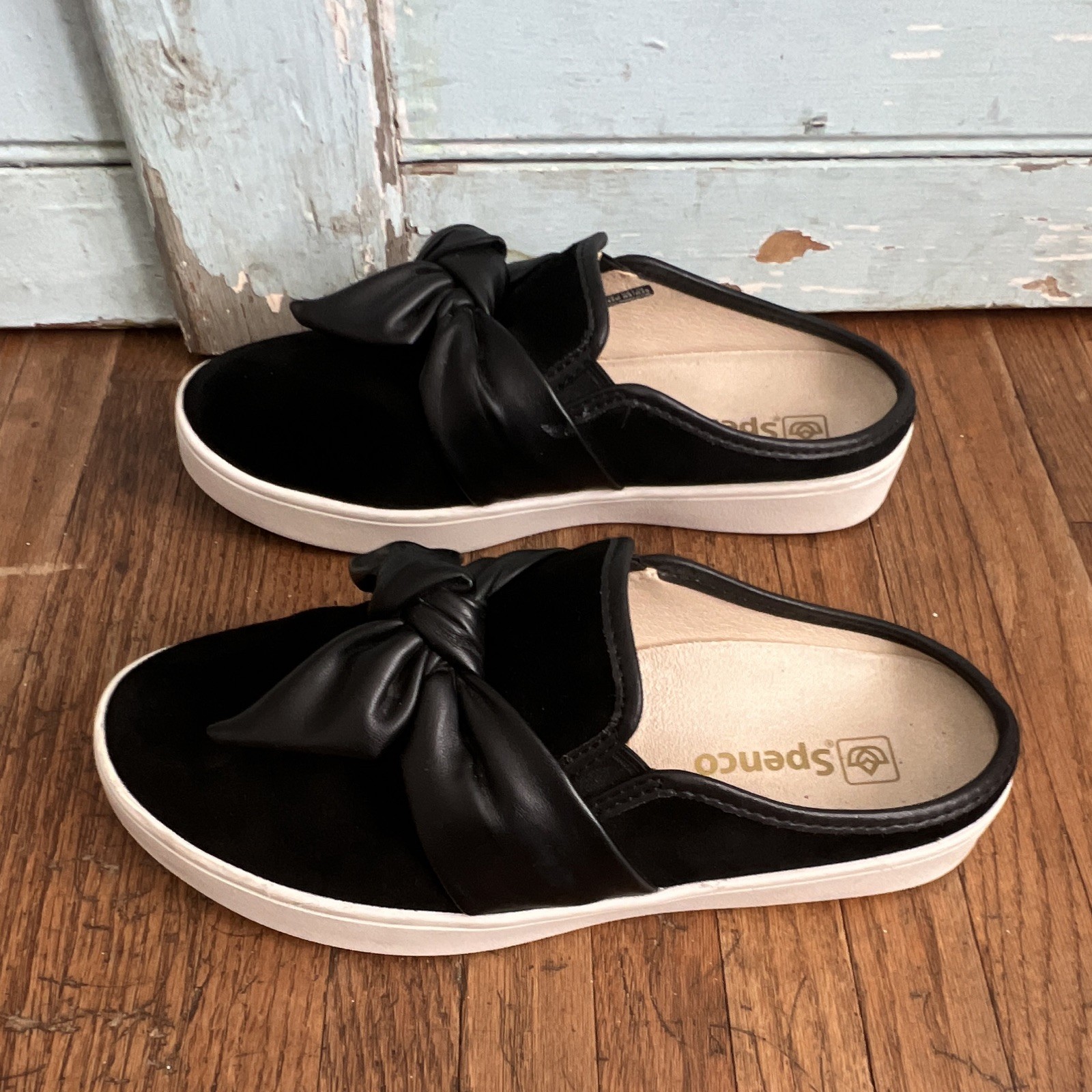Women’s Spenco Orthotic Suede Slip-On Mule Flats w/Bow Black & Gray US 8.5
