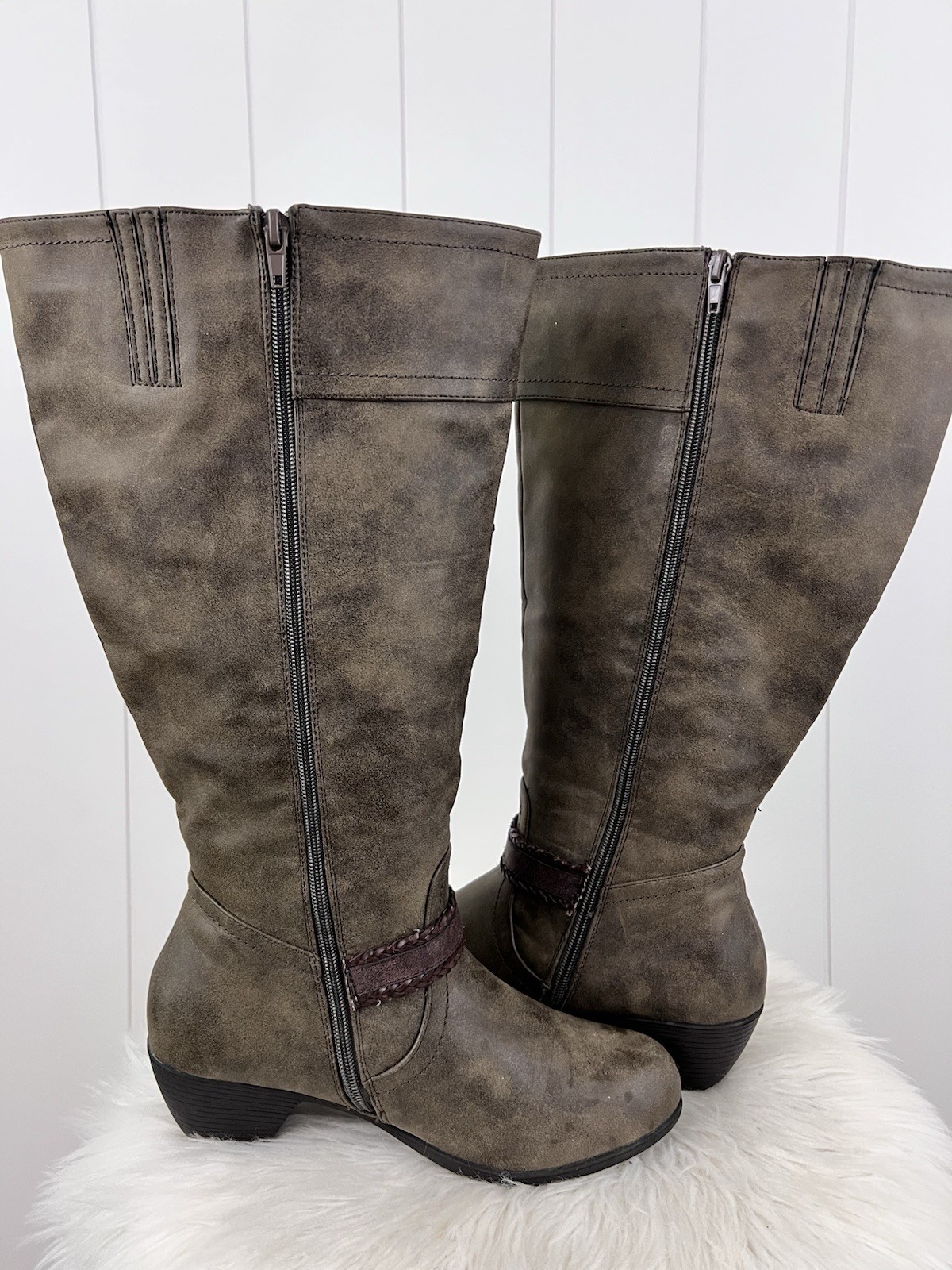 It’s OK Tempest Distressed Brown Vegan Leather Tall Riding Boots Wide Calf 8.5W