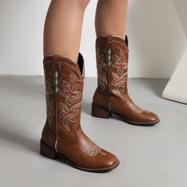 Women’s Faux Leather Pull on Embroidery Mid Calf Boots Retro Outdoor Party Shoes