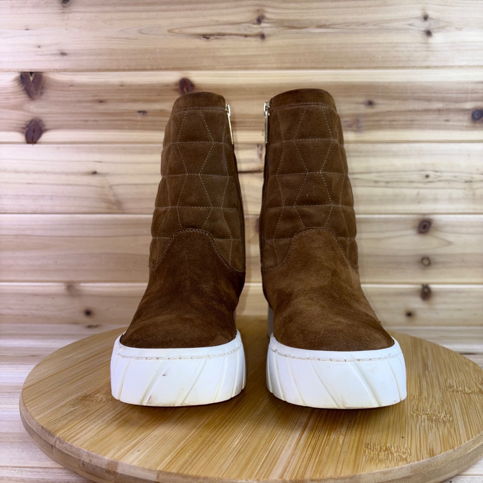 Aquatalia Boots Womens 5M Nelle Brown Suede White Platform Lug Sole Booties