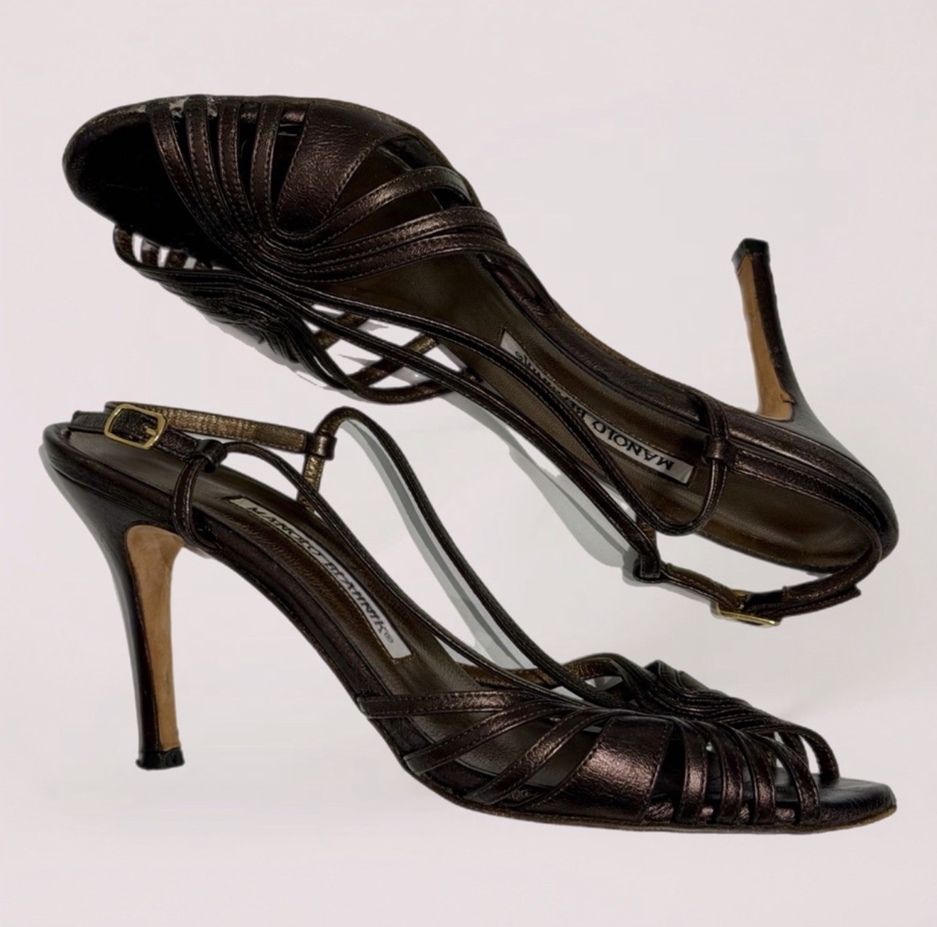 Manolo Blahnik Vintage Metallic Gunmetal Leather Strappy Slingback Heels 37.5