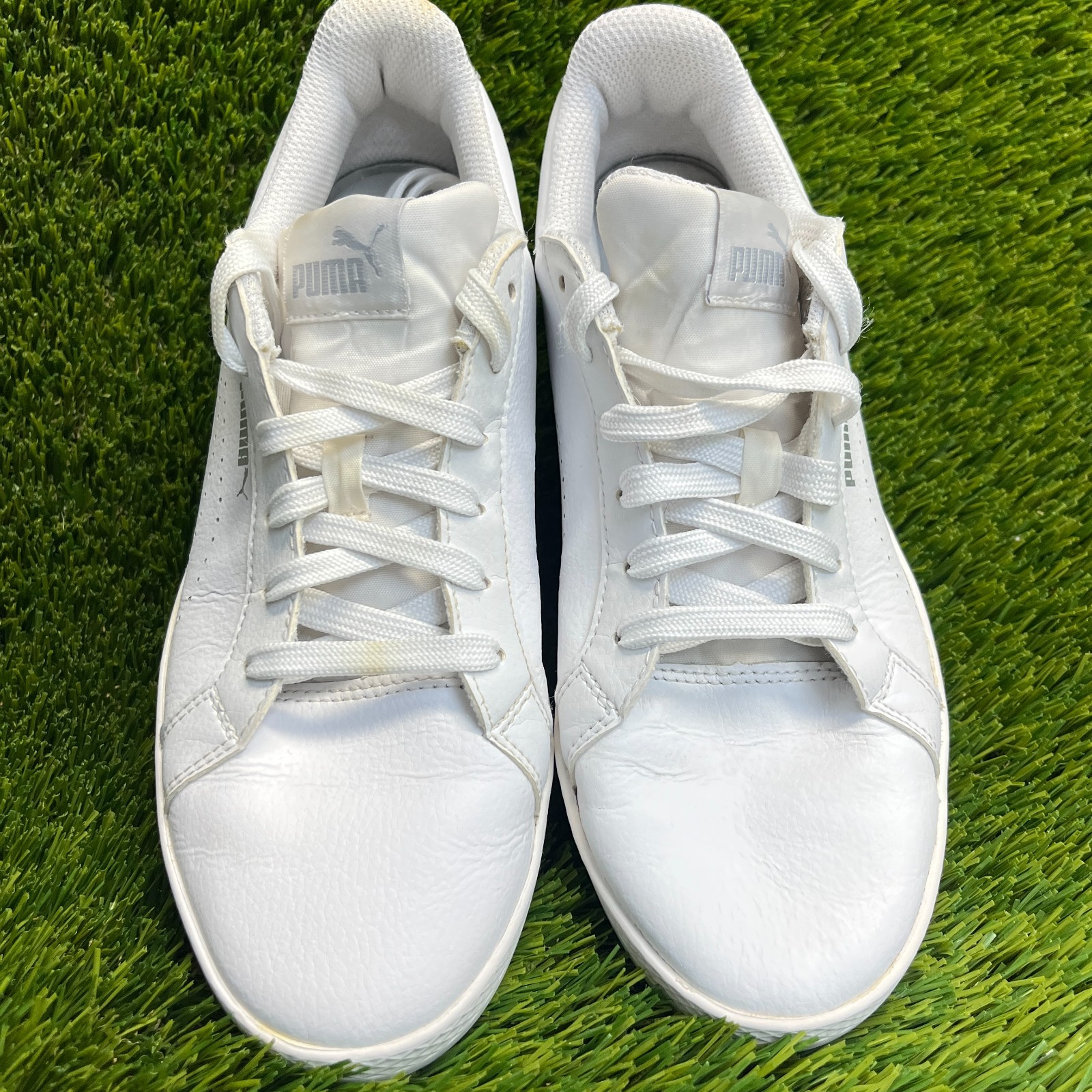 Puma Smash Womens Size 8 White Silver Athletic Leather Walking Shoes Sneakers