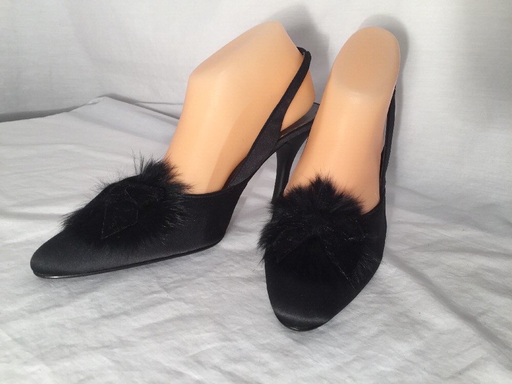 Alfani Satin Valentine Pointed Toe SlingBack Boudoir Pumps 8.5 Bow Fur Pin Up