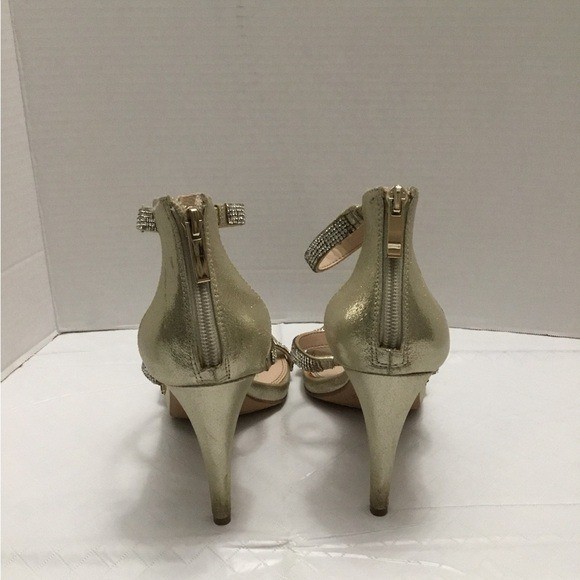 Kelly & Katie Metallic Gold Rhinestone Strappy Heels Ankle Strap Size 7.5