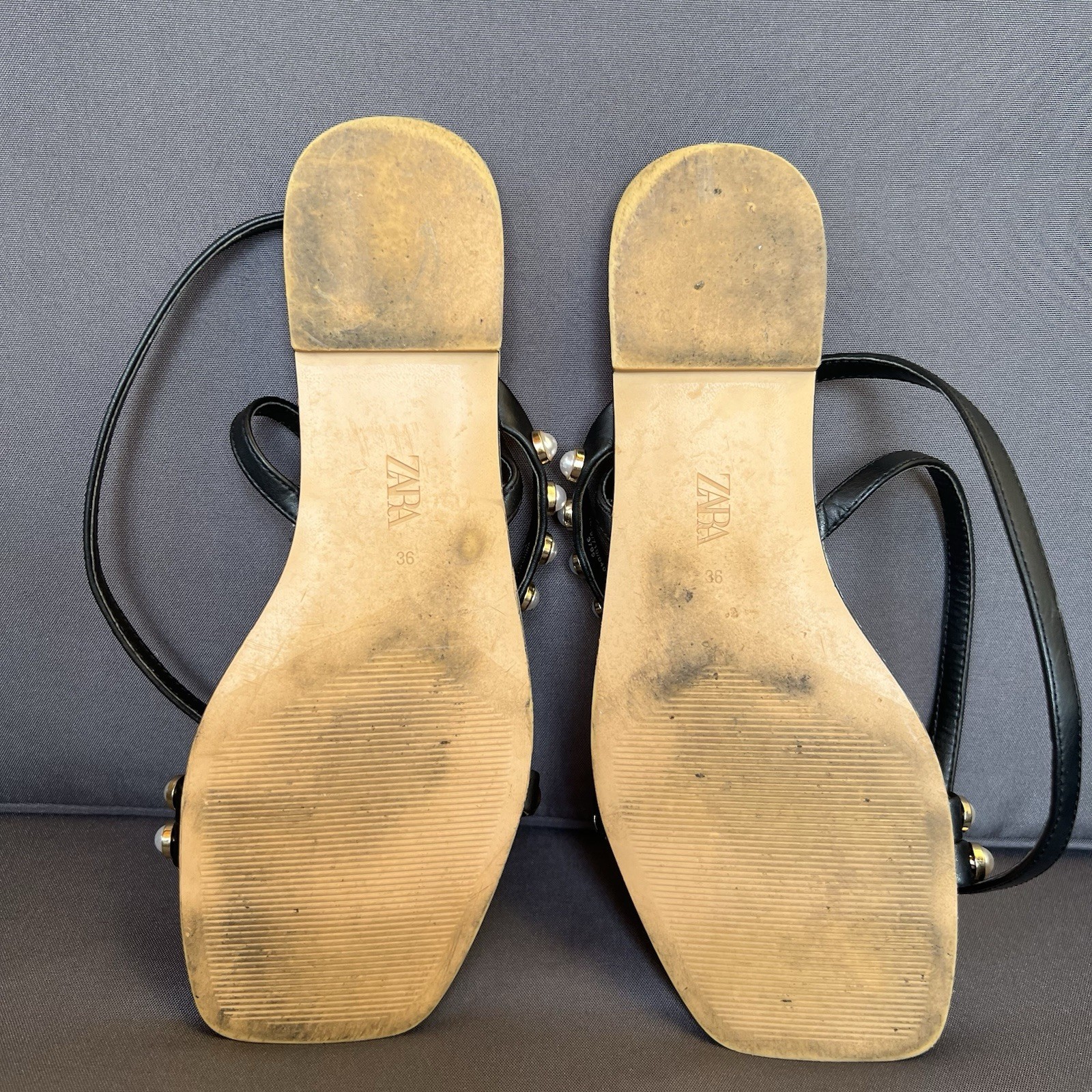 Zara Pearl Studded Flat Strappy Sandals Sz 36 US 6 Black White Gold Chic Wedding