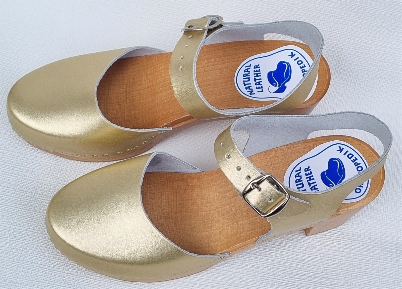 WOOD CLOGS wooden mules sandals size 38 *gold* real beef leather handmade