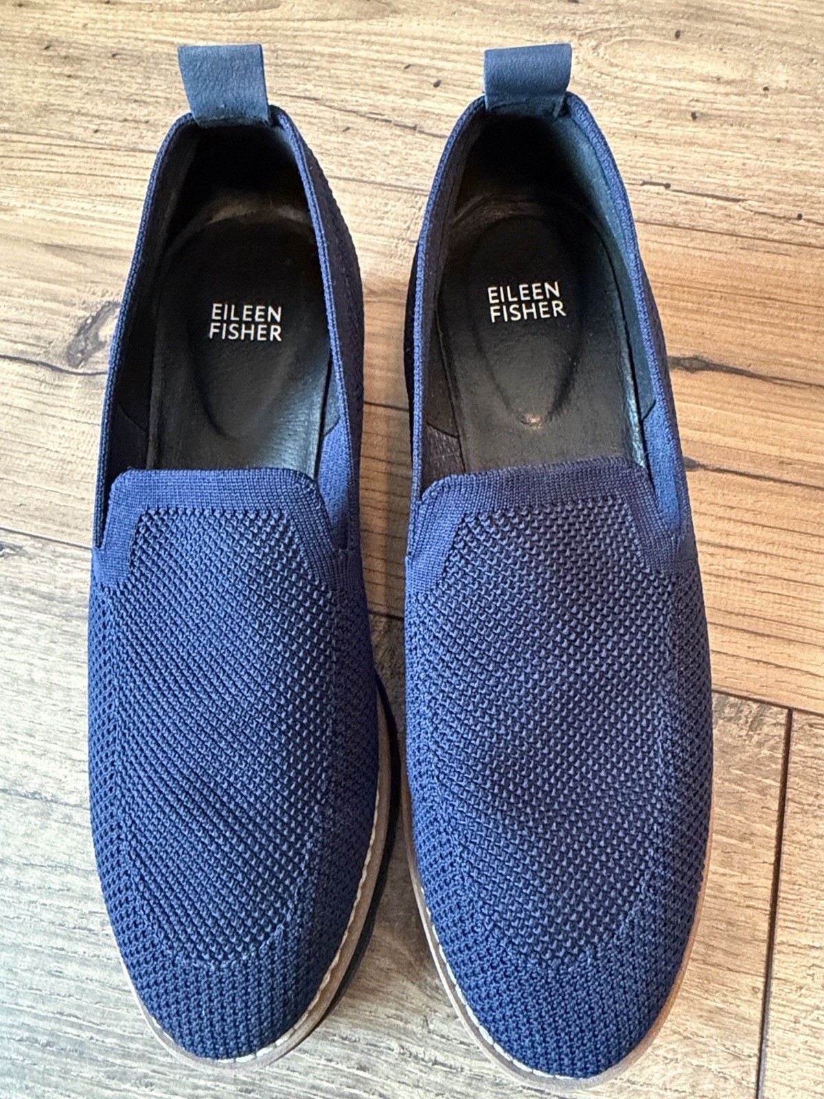 Eileen Fisher Lindy Recycled Stretch Knit Platform Wedge Loafer Shoes Navy 8