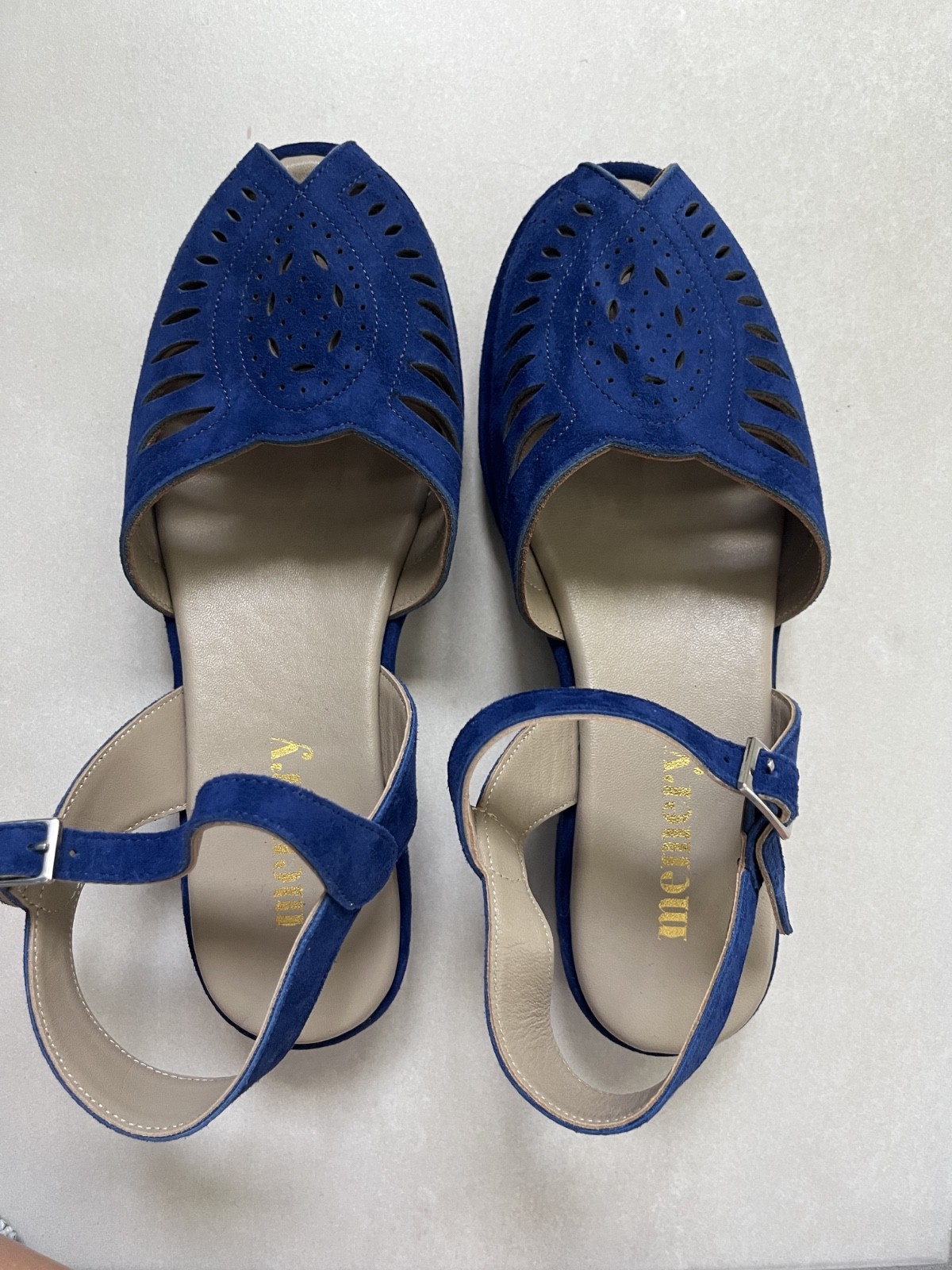 Memery 1940S / 1950S SUEDE WEDGE SANDALS – BLUE – ELLA Size 37 / USA 6.5