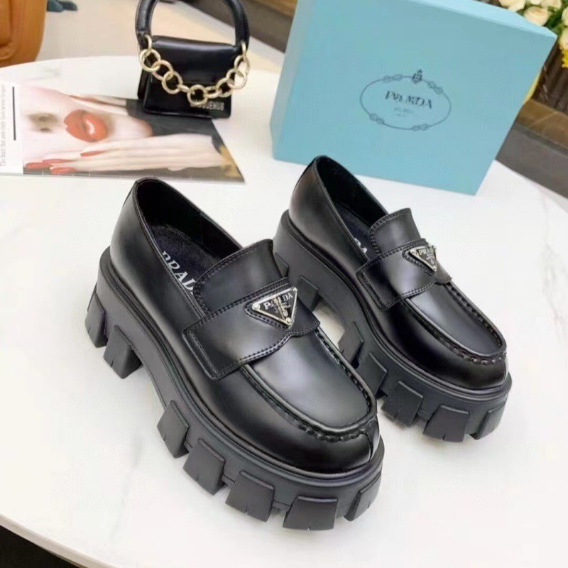 Classic Triangle Logo Casual Women’s Loafers Small Leather Shoes Size 35-40