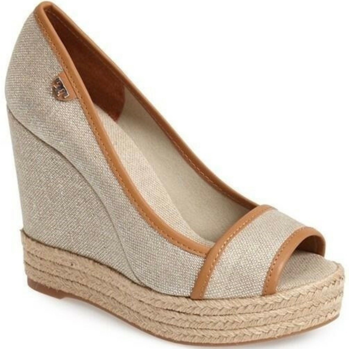 Tory Burch Womens Majorca Espadrille Wedges Neutral Canvas Leather Size 38/7-7.5