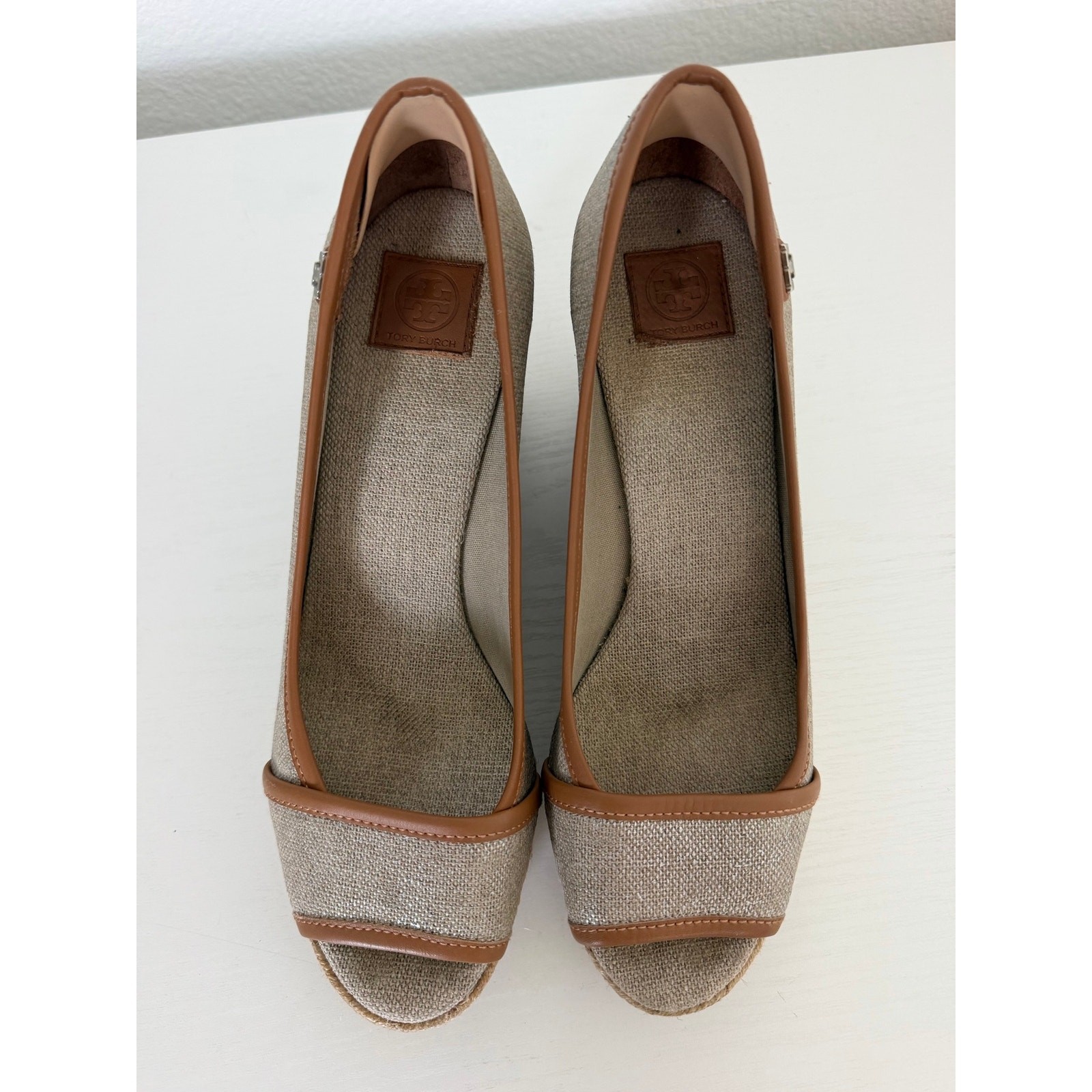 Tory Burch Womens Majorca Espadrille Wedges Neutral Canvas Leather Size 38/7-7.5