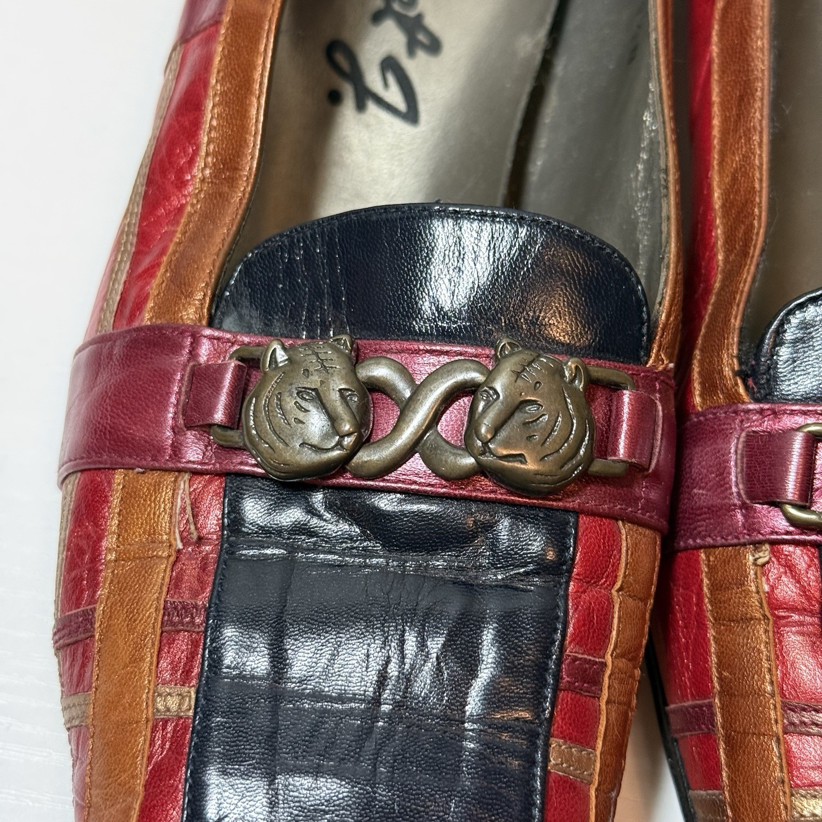 Vtg Margaret Jerrold Red Multicolor Leather Block Heel Shoes Gold Tigers 11.5 N