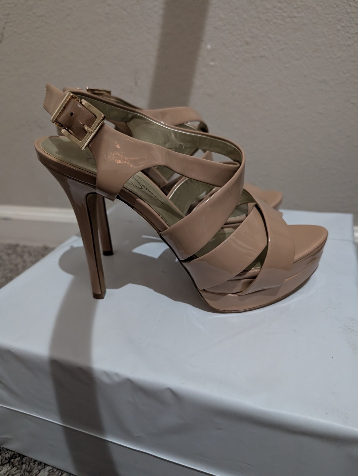 Jessica Simpson Endo Open Toe Strappy Sandals Heels Tan Patent Leather Size 7.5