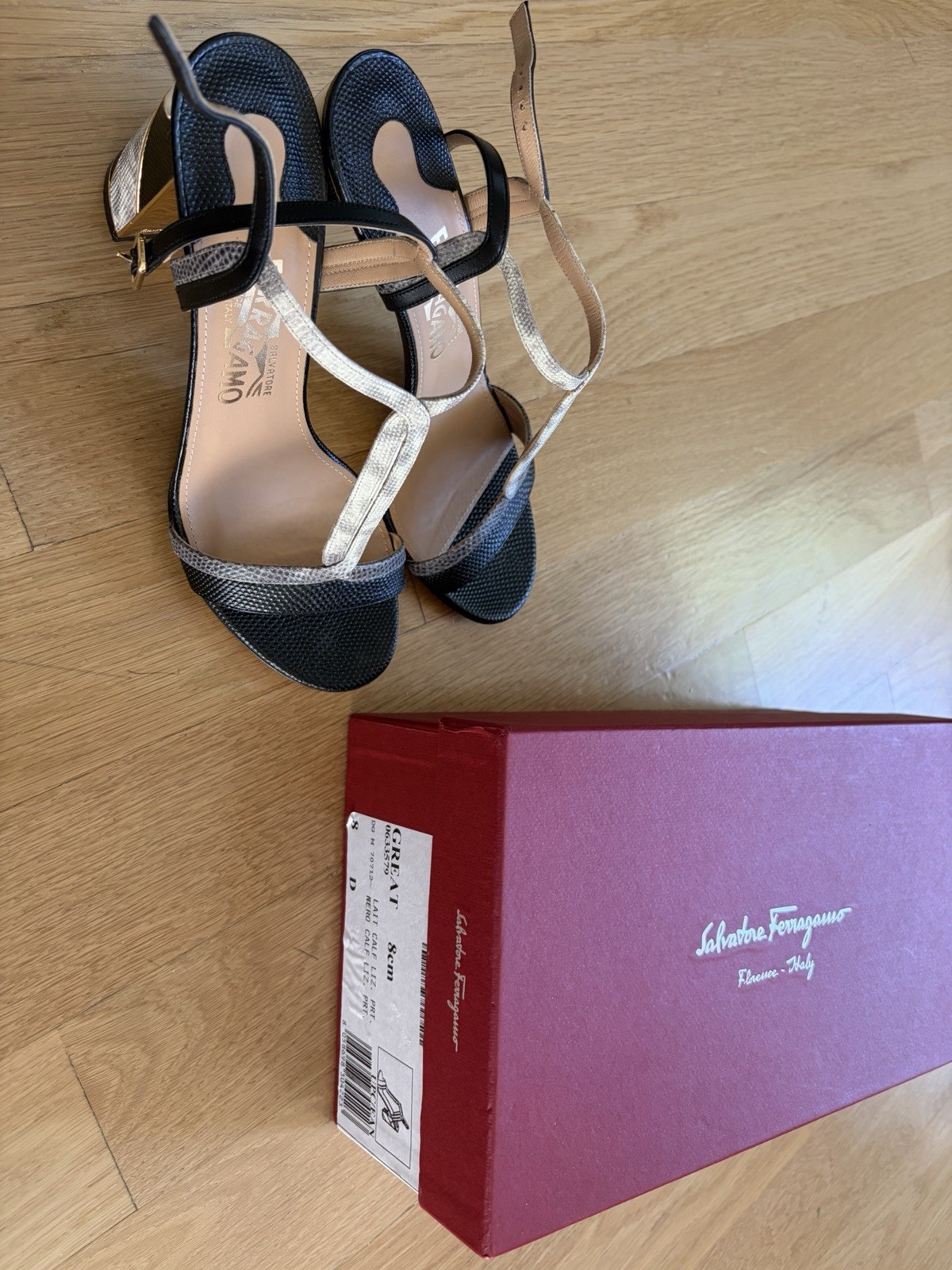 Ferragamo Sandals 38 – Black/cream/snakeskin/gold Details – With Box