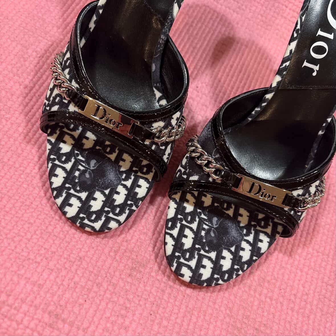 Dior Black & White Monogram cherry blossom Chain Heels Open Toe Leather Women’s6