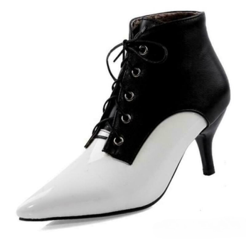 Splicing Women’s Faux Leather Ankle Boots Lace Up Shoes Kitten Heel Pointy Toe