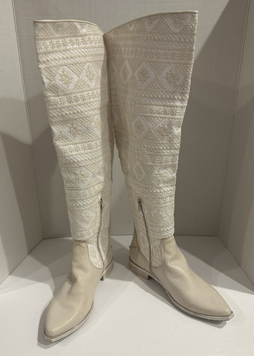 FREE PEOPLE Bren Ecru Slouch Boots Textile/Leather US 10 / EU 40 NEW Retail $298