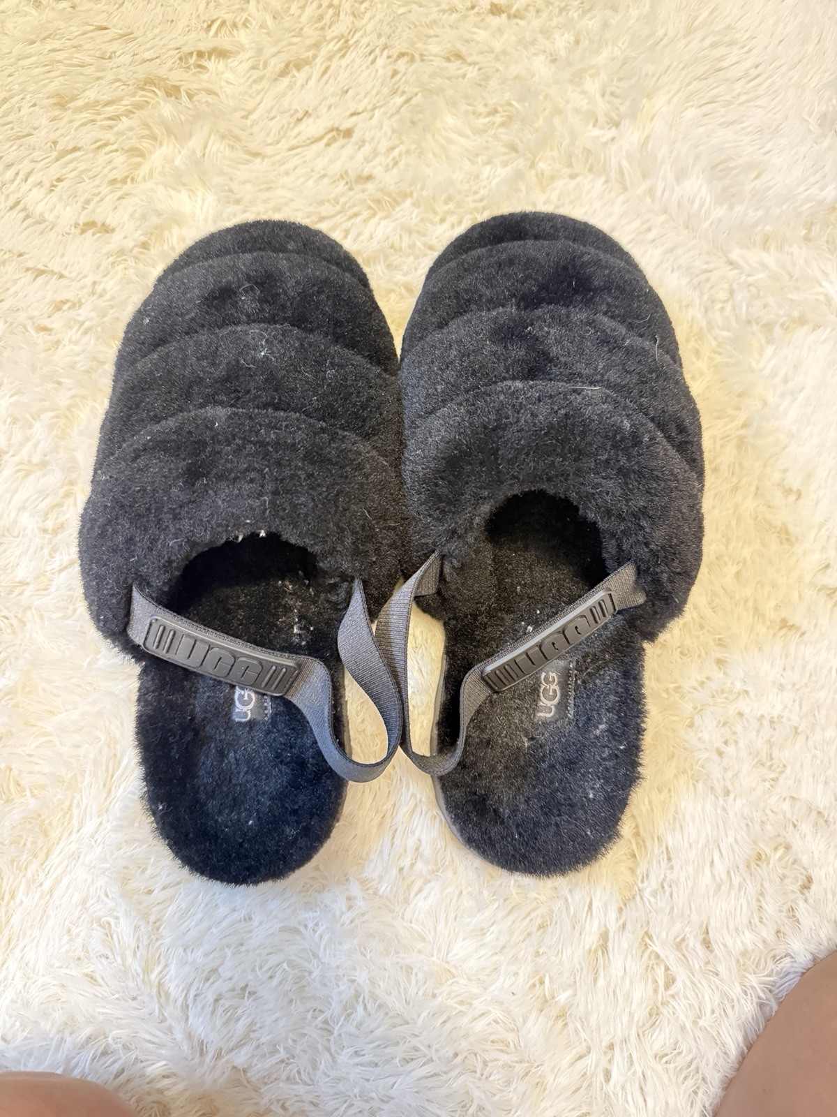 UGG Fluff Yeah Slide Sandals Women US 9 Black Shearling Slingback Slippers