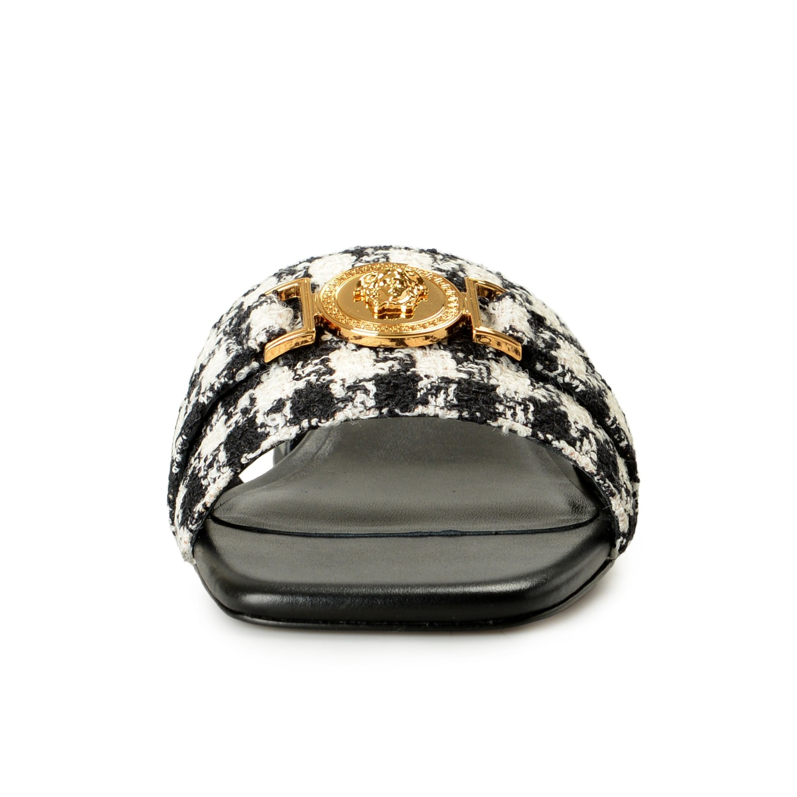 Versace Women’s Black & White Gold Medusa Plaid Sandals Mules Shoes US 6 IT 36