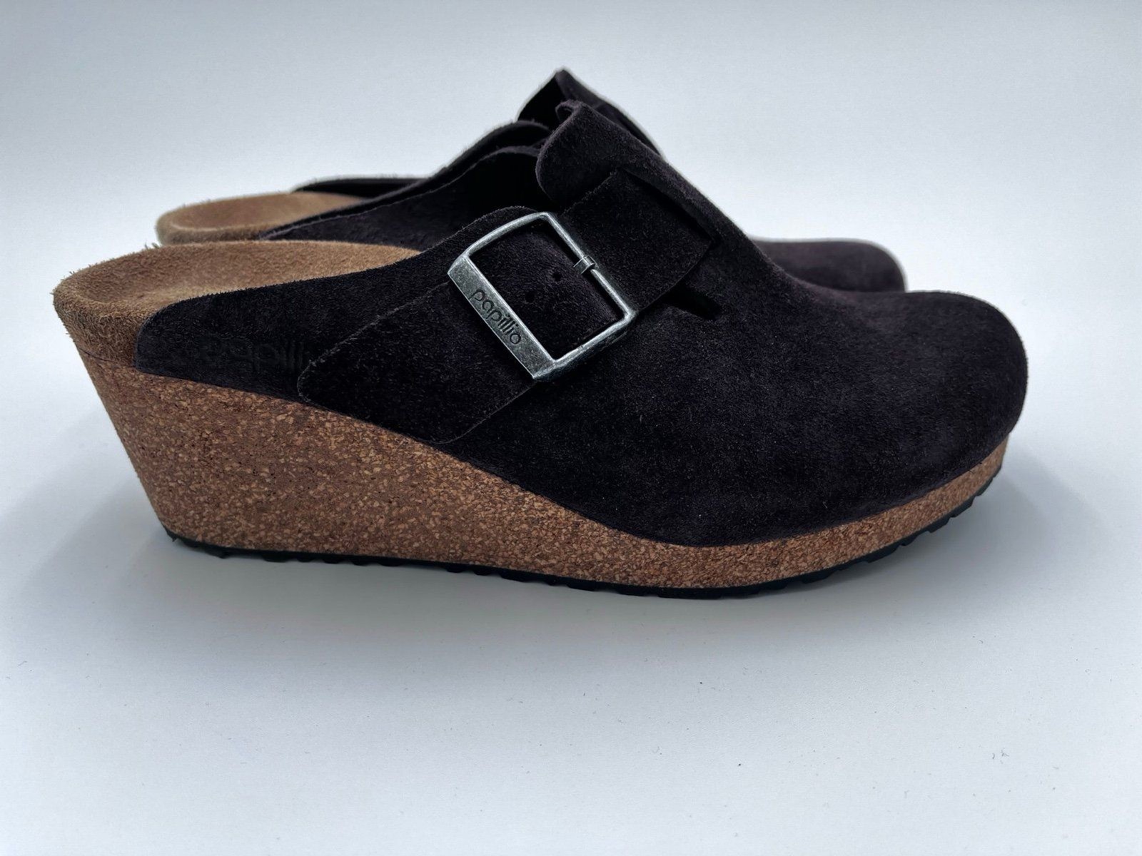 Birkenstock Papillio Fanny Suede Cork Wedge Clogs Dark Brown Size 39 8