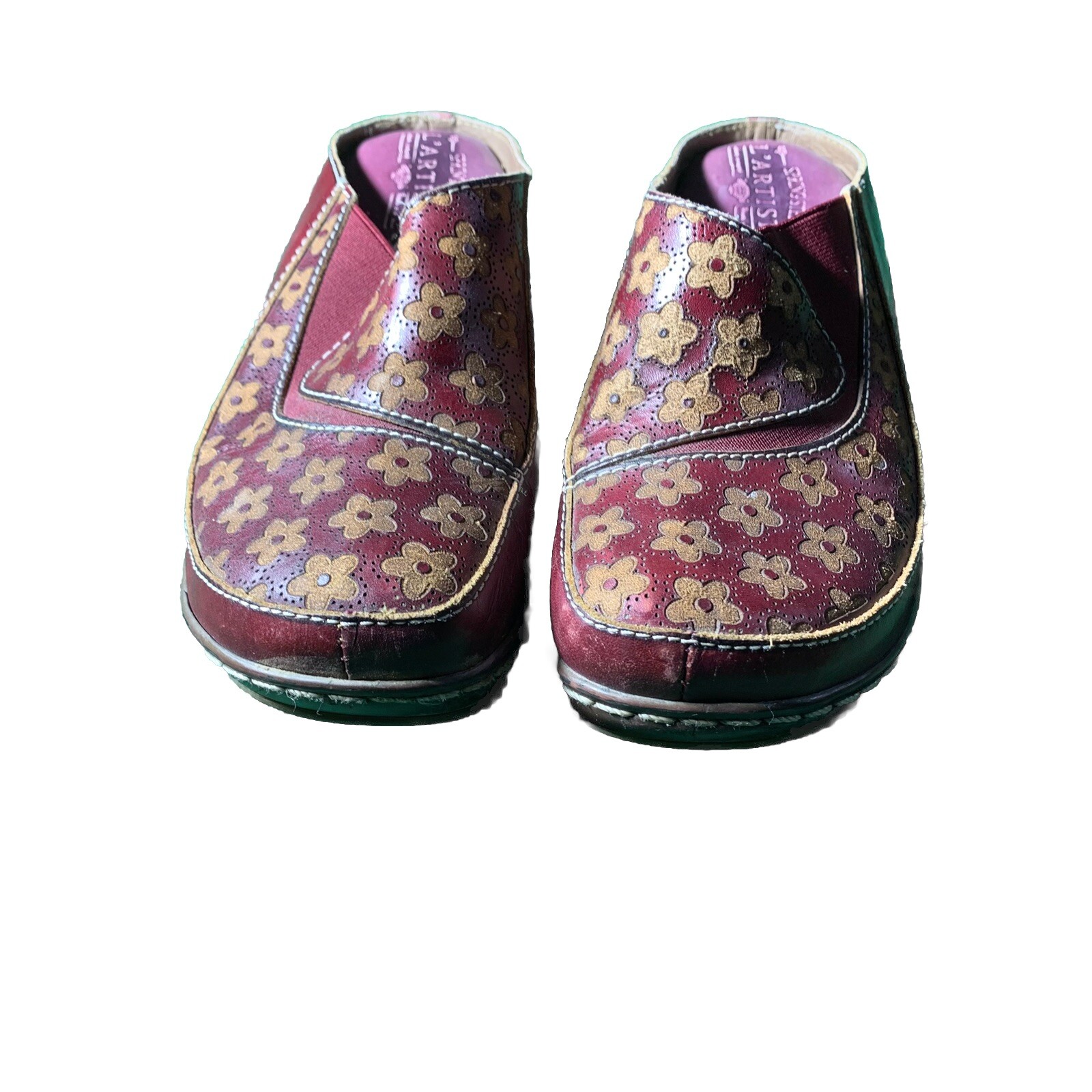 Spring Step L’Artiste Womens 6 Red Leather Floral Accent Comfort Clog BOHO
