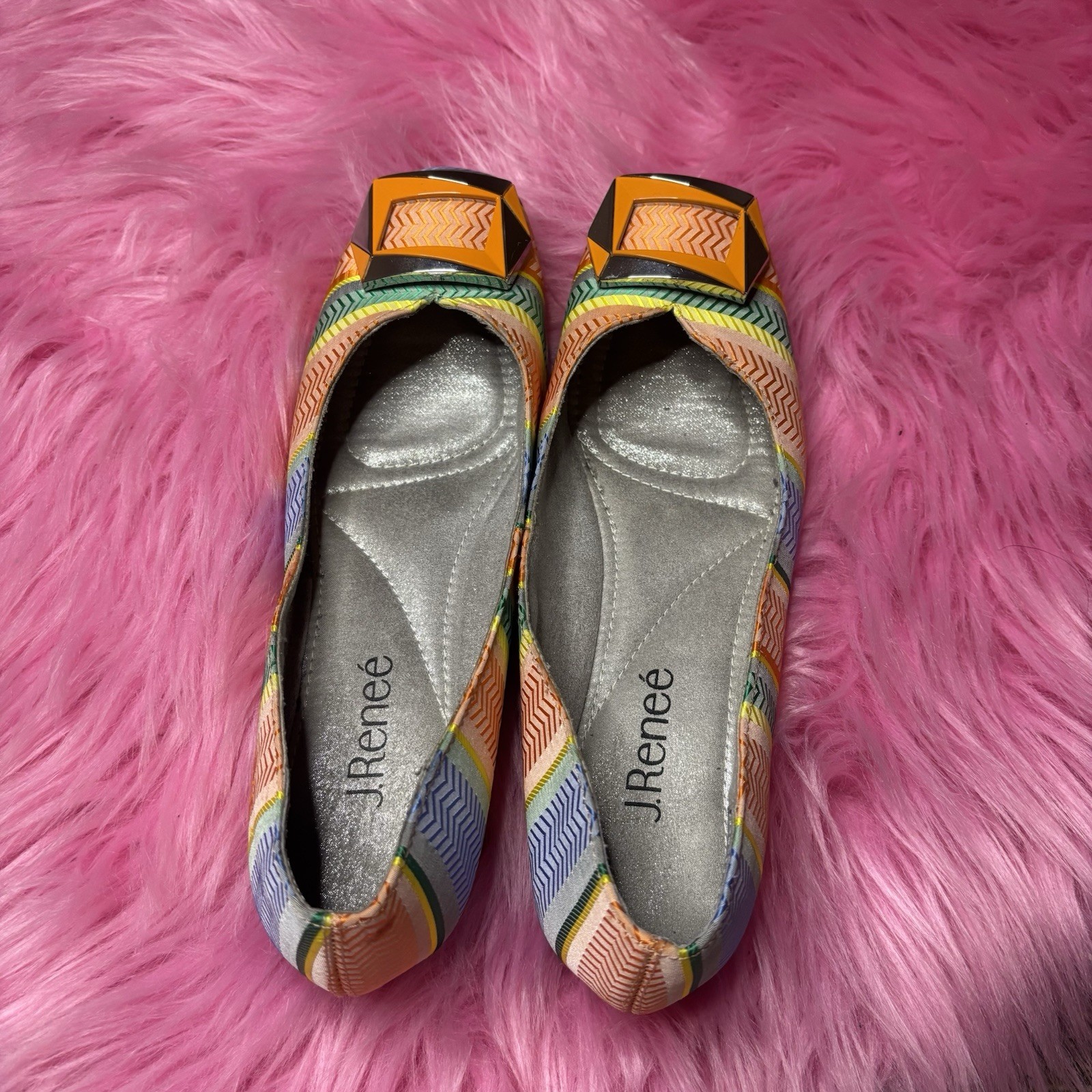 J. Renee Colorful Striped Buckle Ballet Flats Square Toe Gem Accent Size 7