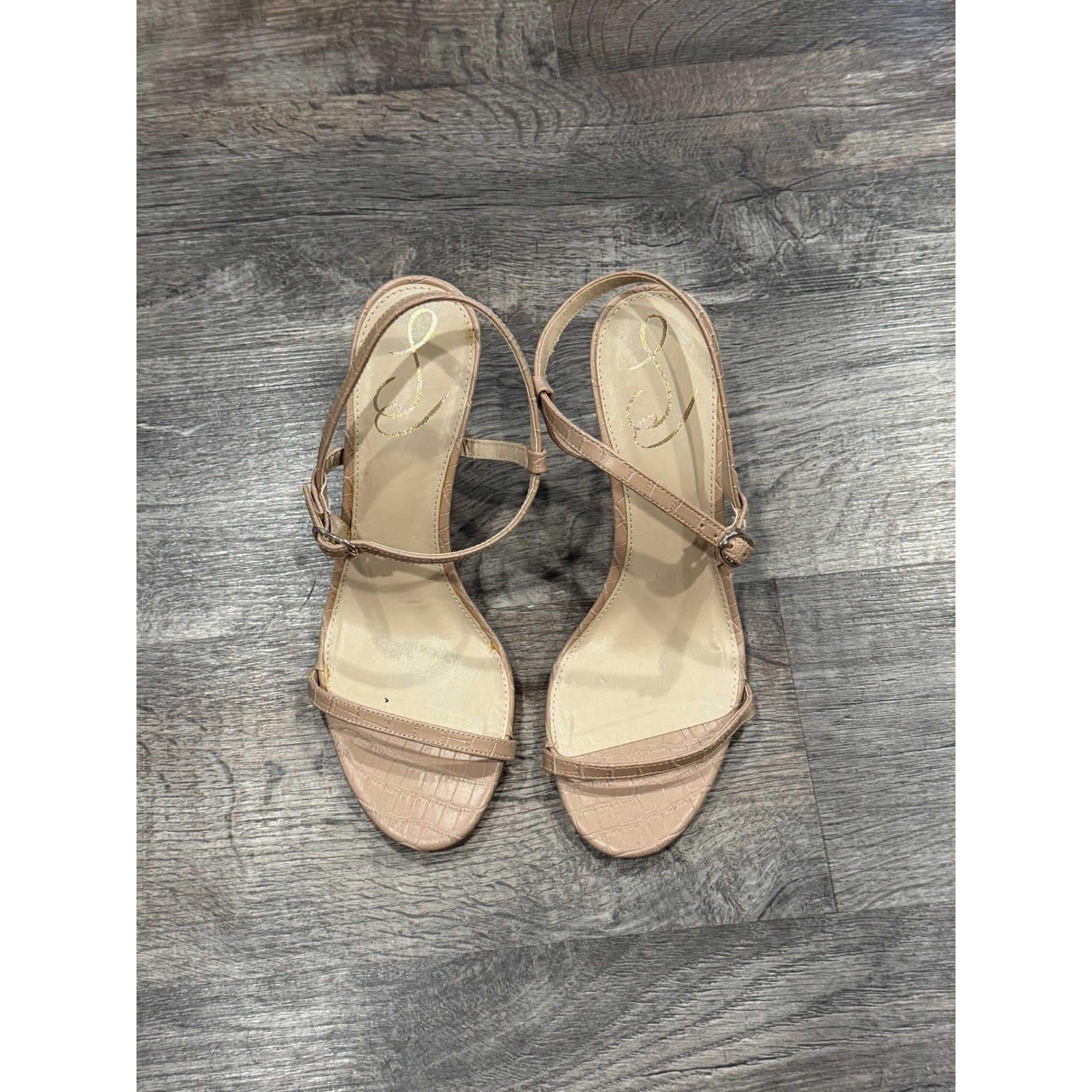 Sam Edelman Ariella Beige Croc Embossed Ankle Strap Stiletto Heels Sandals 7.5M