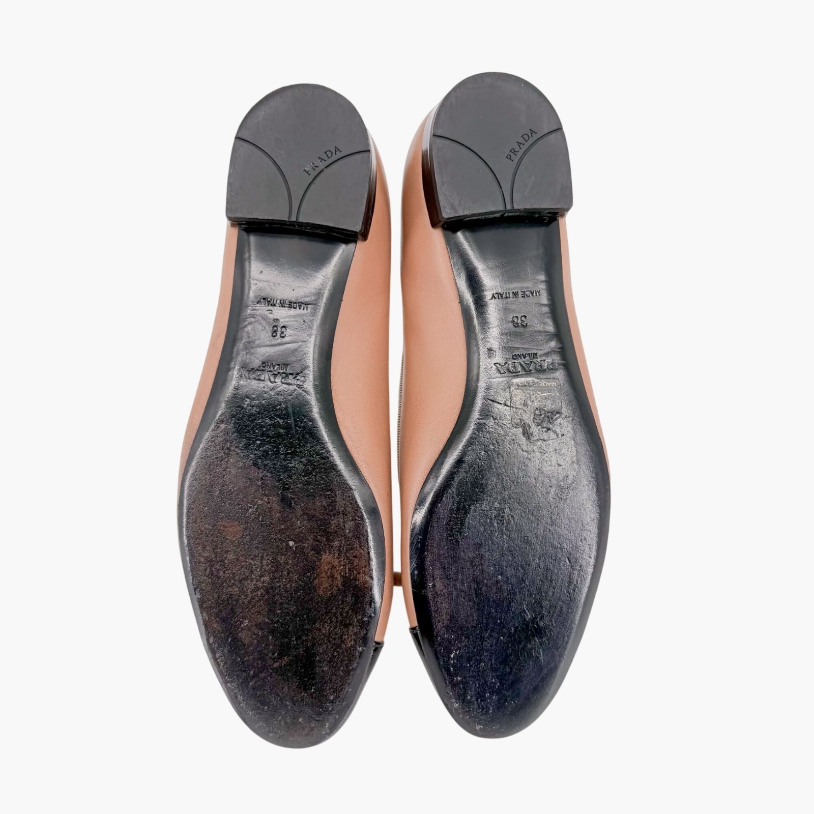 Prada Beige Black Cap Toe Logo Ballet Flats Leather Size 38 US 8 Women Two Tone