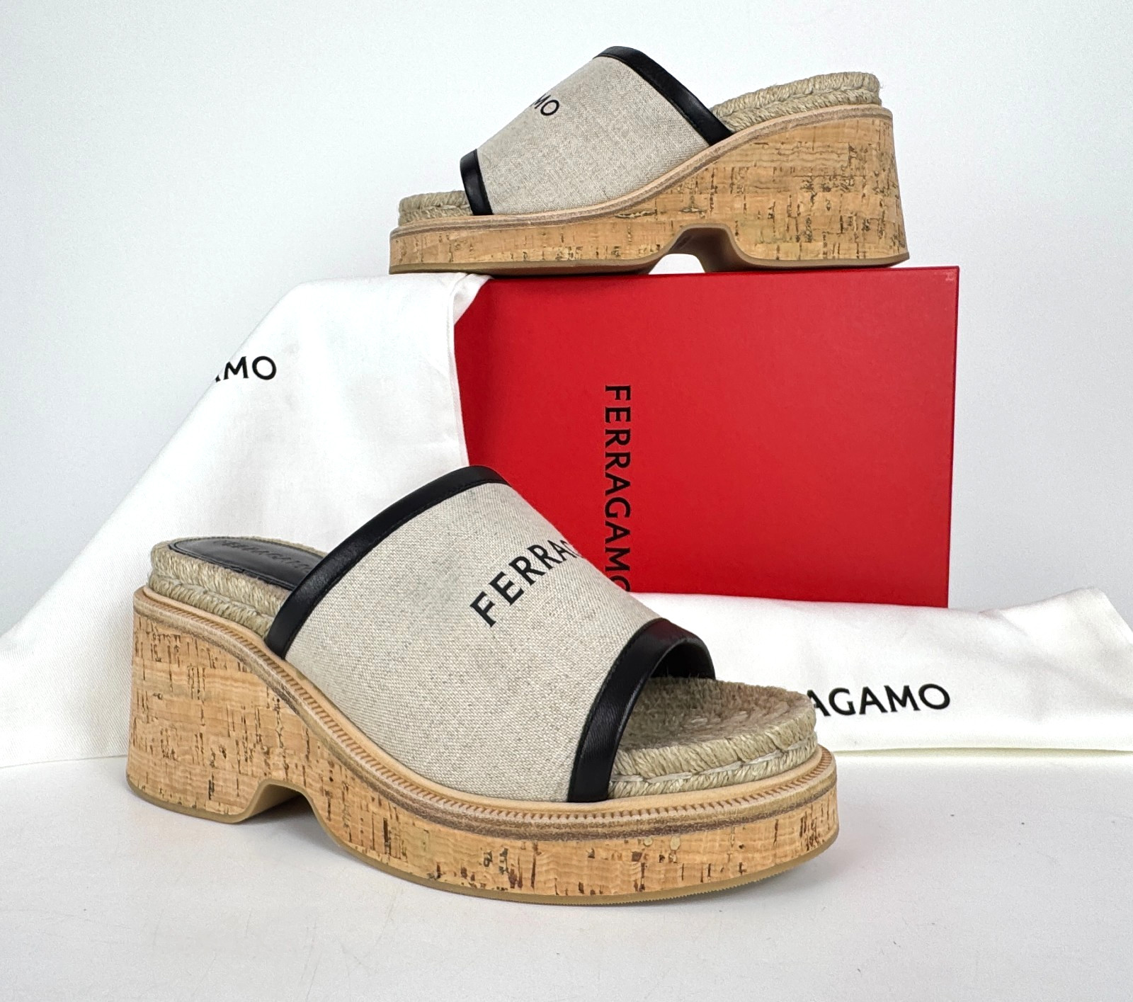 NIB Ferragamo Canvas Leather Platform Sandals Shoes 8.5 US 38.5 EU Runway Bag