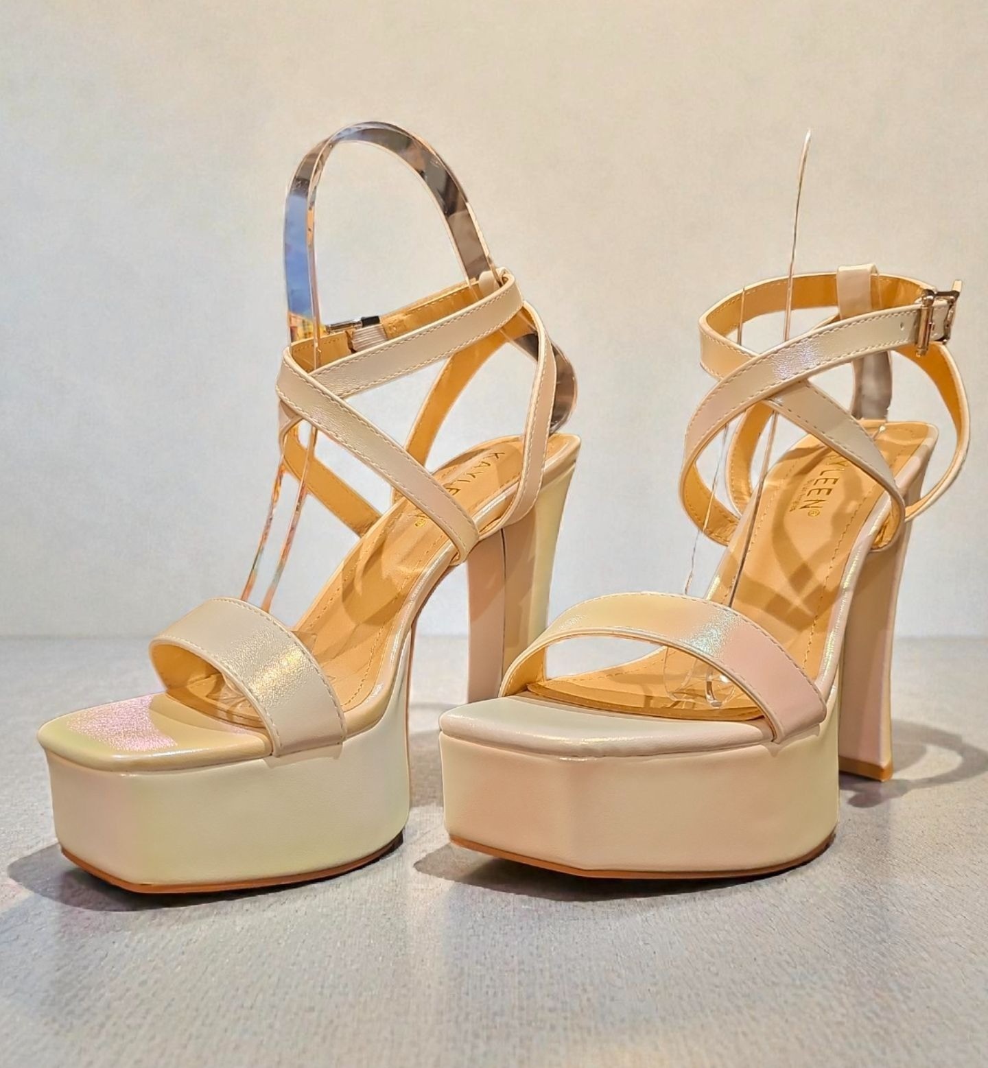 Iridescent Pearl Platform High Heel Strappy Sandals With Ankle Buckle