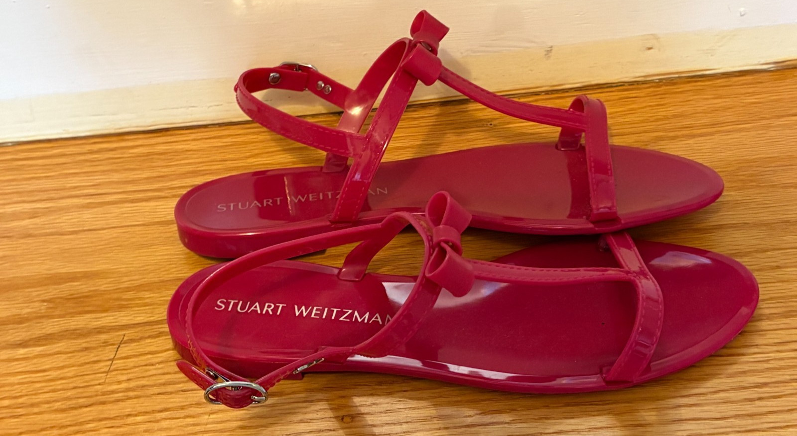 STUART WEITZMAN MELLIE FUSCHIA BOW JELLY T-Strap Slingback Sandals Sz 11B