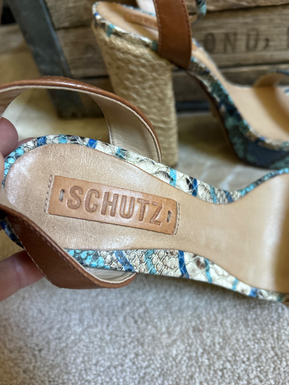 SCHUTZ «Wetherly» Women’s Snakeskin Espadrille Heel Sandals – Beige / Blue – 7 B