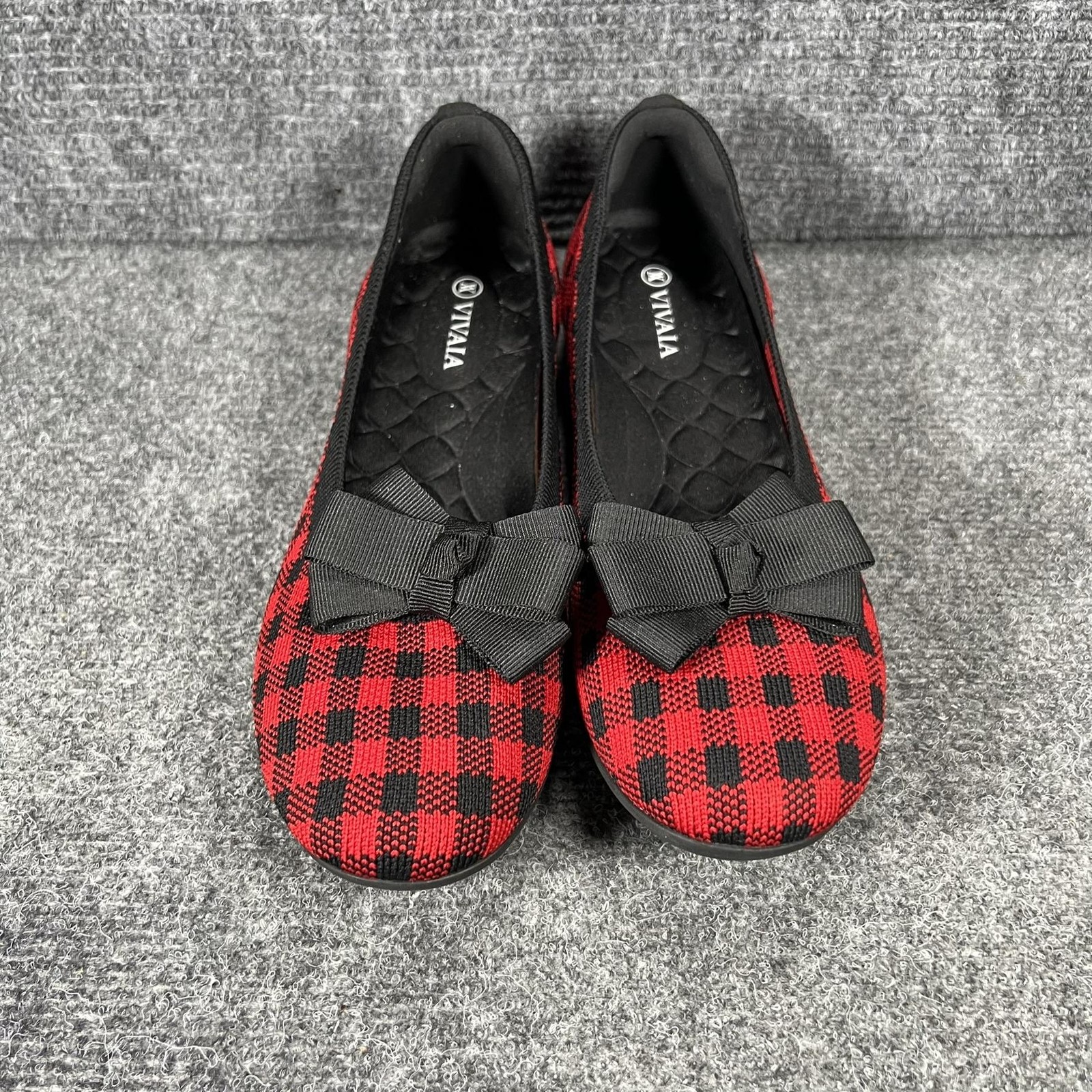 Vivaia Shoes Womens Size 9.5 Red Plaid Knit Ballet Flats Bow Eco Friendly