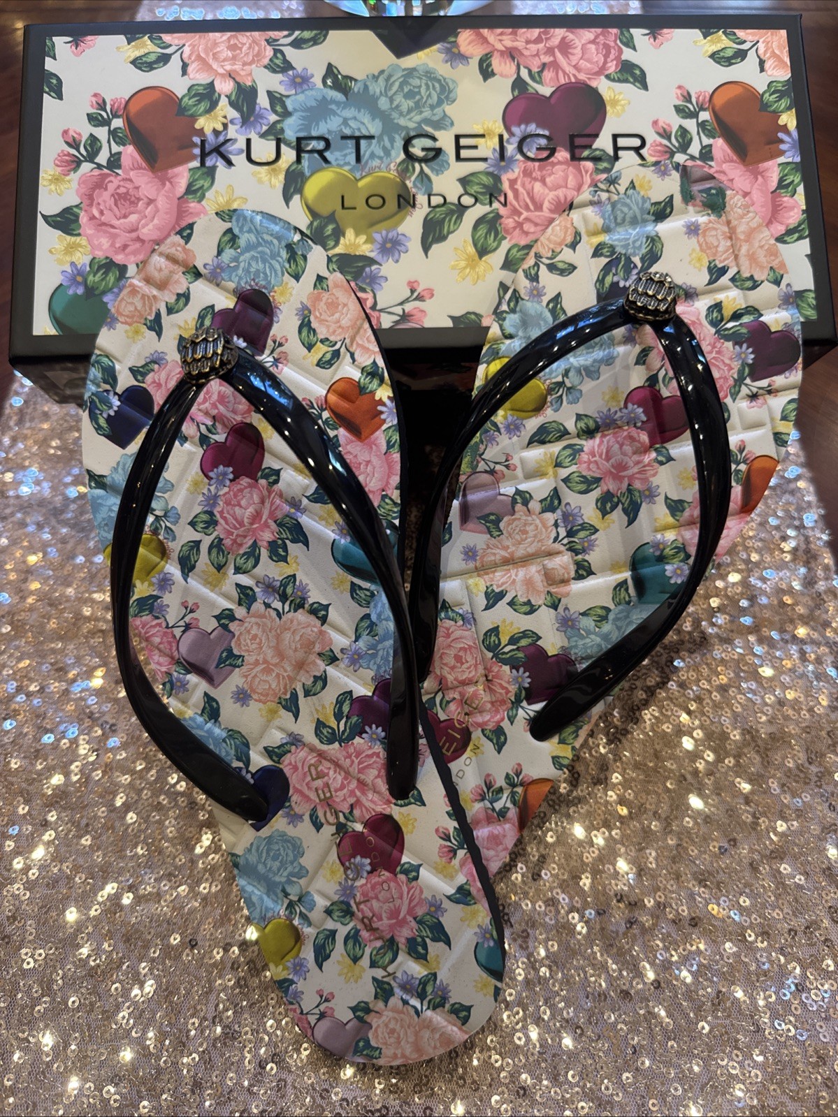Kurt Geiger London Kensington Floral Flip Flops Sandals Women Size 8 Roses