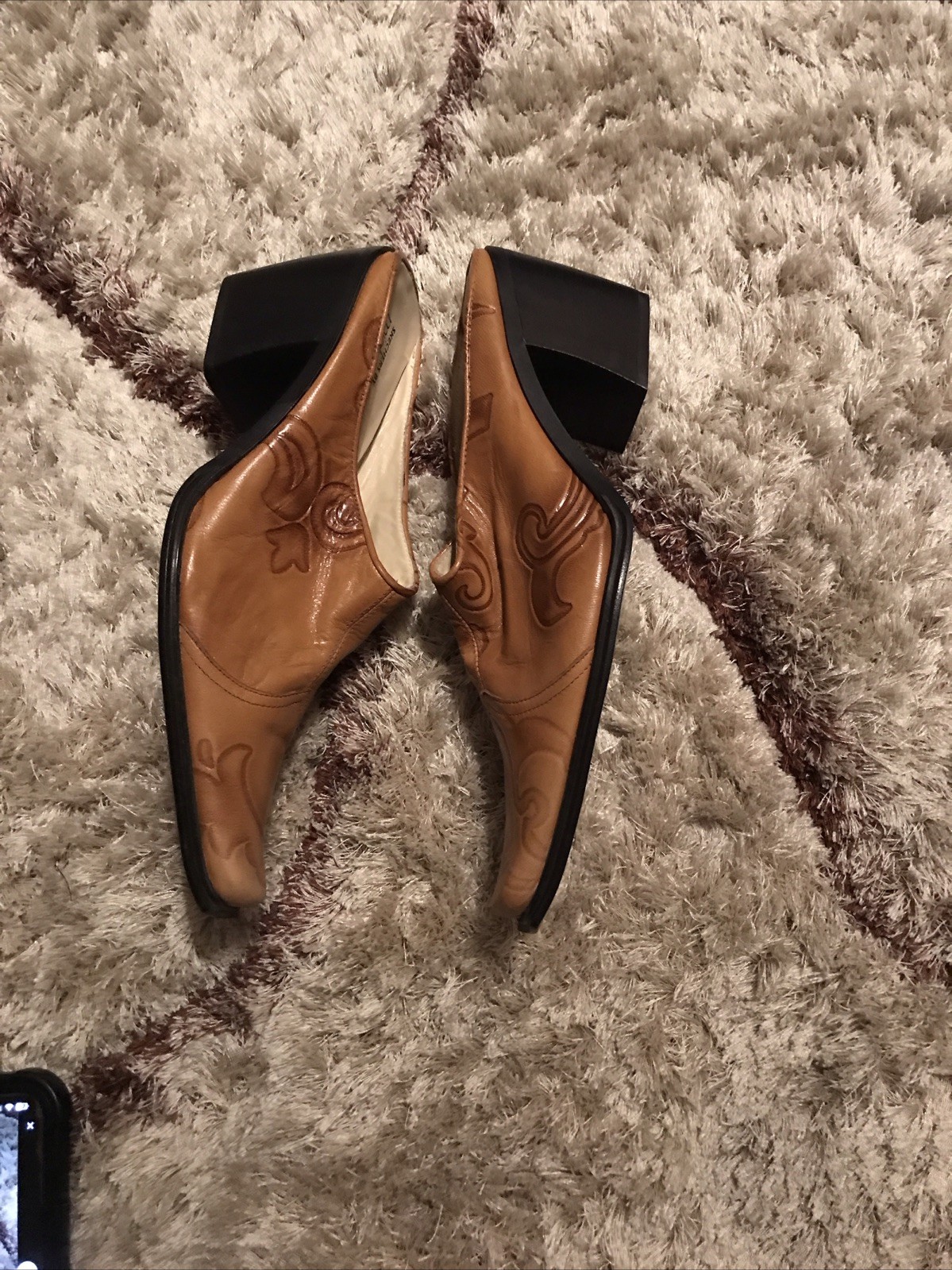 Michelle K Stamped Leather Healed Mules Square Toe Brown Size 9
