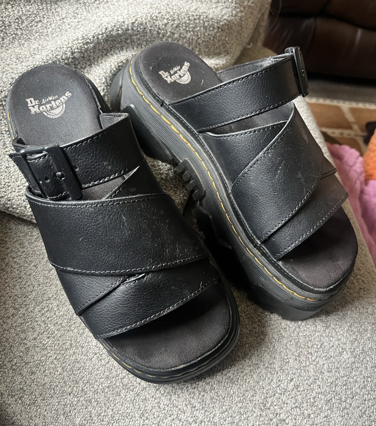 Dr. Martens Women’s Black Leather Slide Sandals Platform Buckle Strap Logo 7