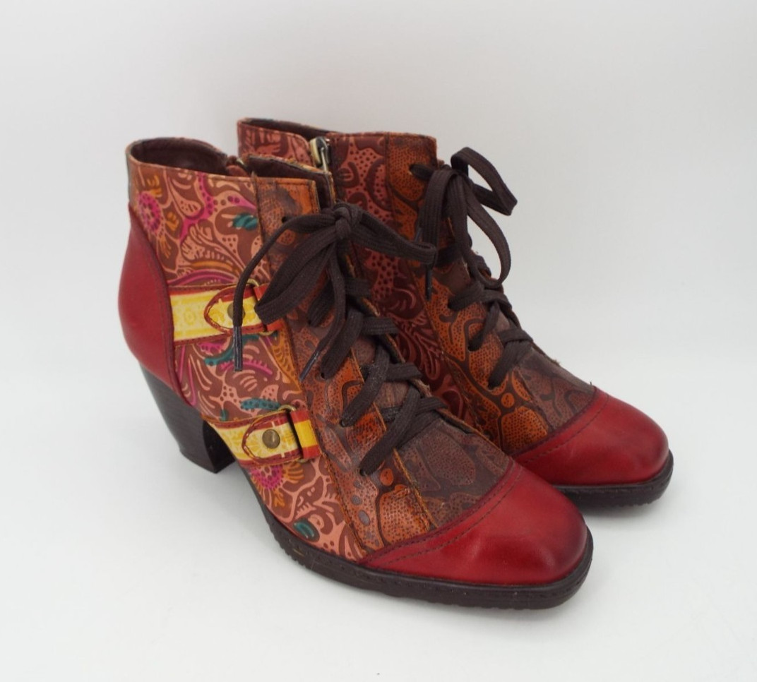 Socofy Women’s Boho Red Multicolor Floral Leather Lace Up Booties Size 37