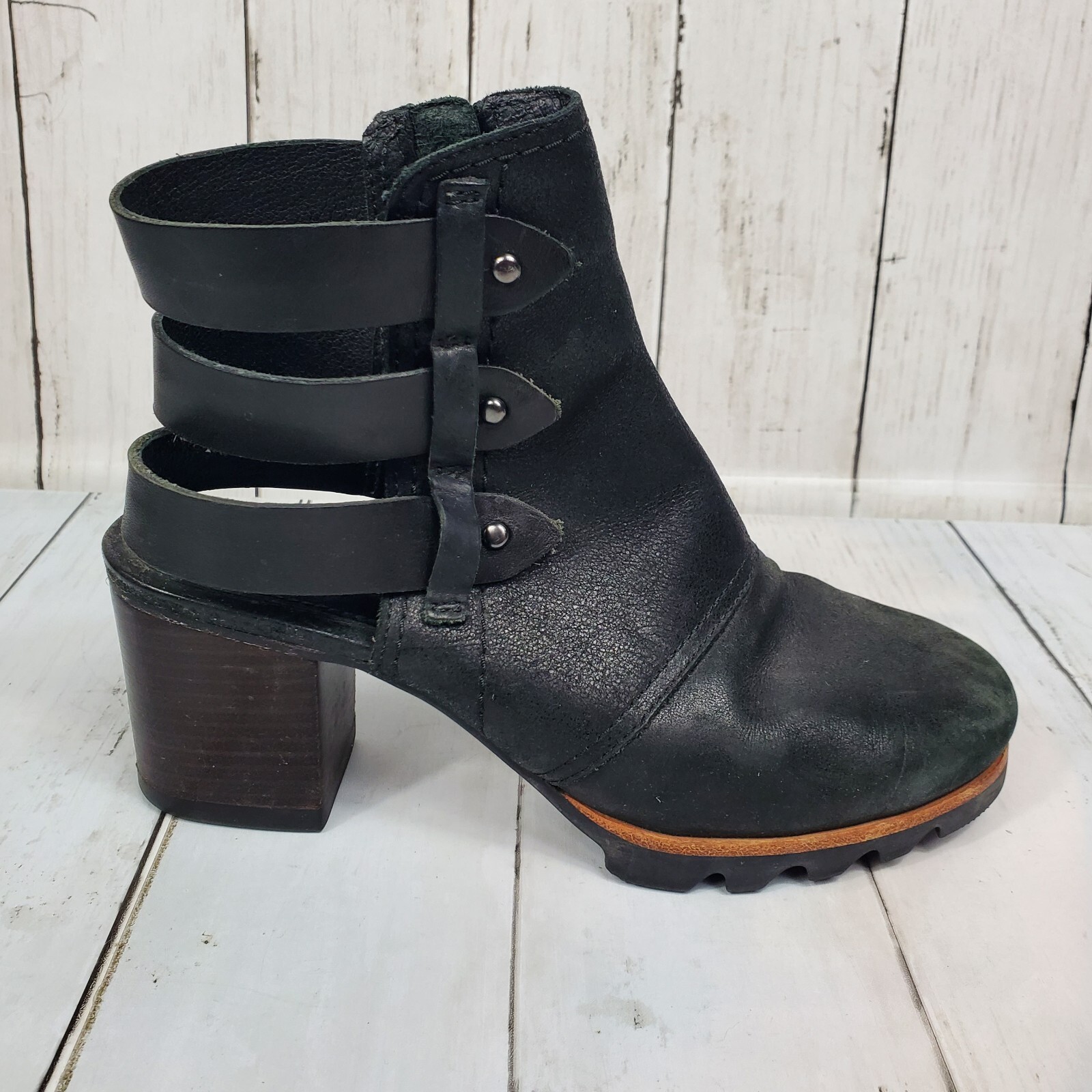 Sorel Addington Leather Strappy Back Block Heel Booties Women’s Size 6 Black