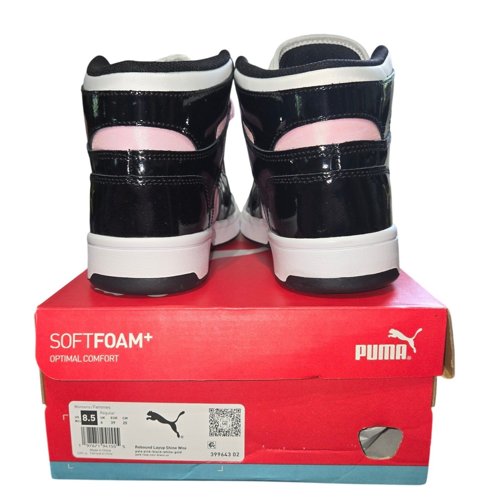 Puma Rebound Layup Shine Womens High Top Sneakers Pink Black White 399643 02 8.5
