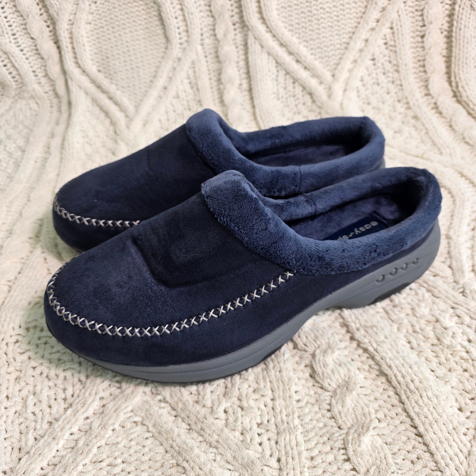 Easy Spirit Mule Clog Slippers Indoor Outdoor Navy Suede Faux Fur Women 10WW NEW