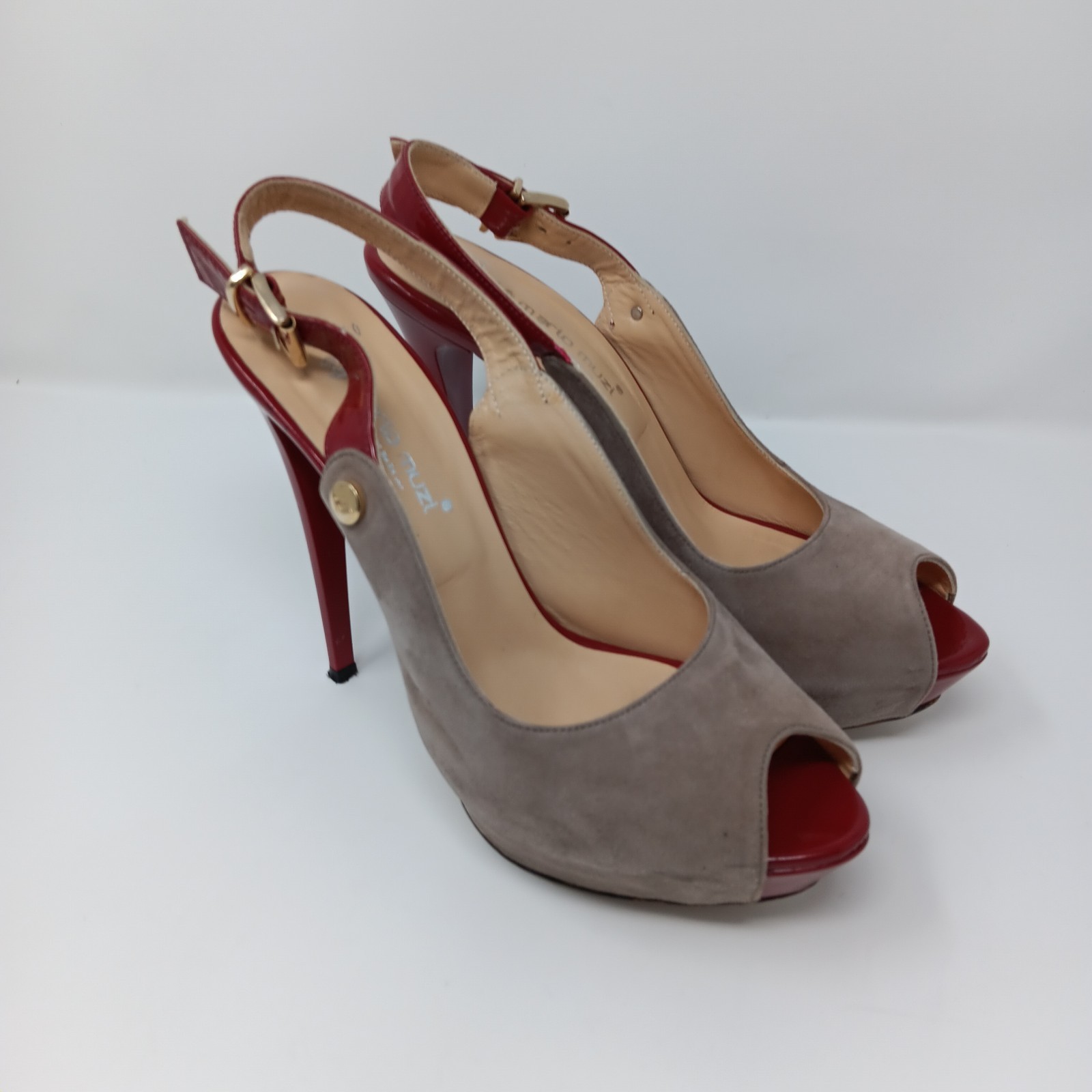 Mario Muzi Suede Red Patent Platform Slingback Peep Toe 5in Heels EU 40 US 9 9.5