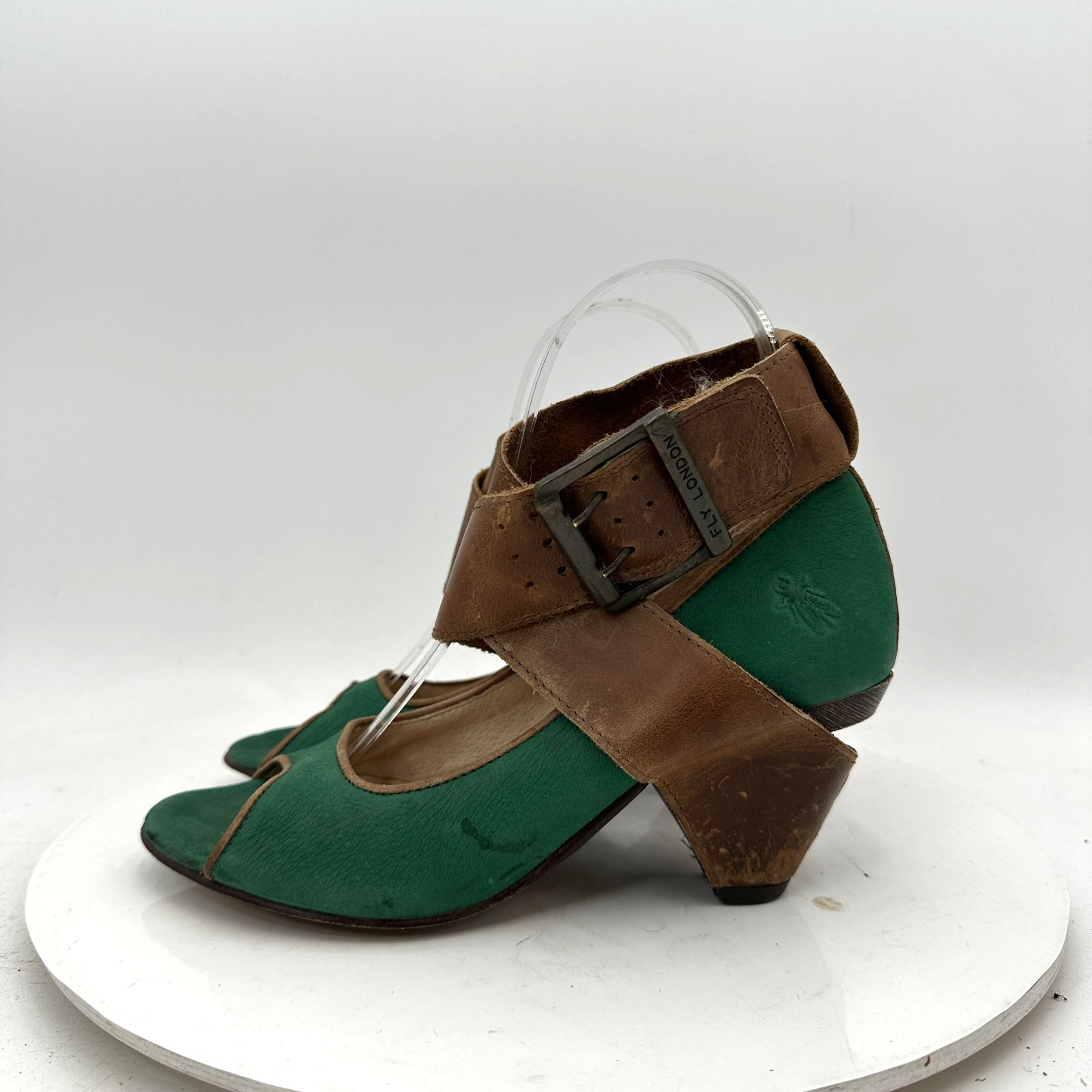 Fly London Women Size EU 37 US 7 Black Brown Green Leather Buckle Heel Shoes