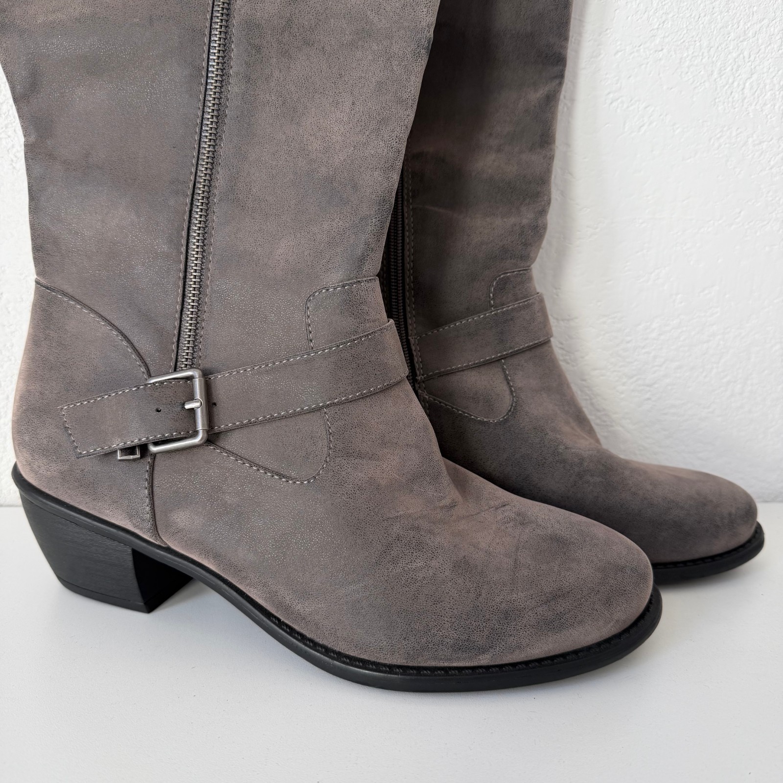 New Torrid Taupe Brown/Gray Faux Leather Knee Heeled Boots – Size 11WW