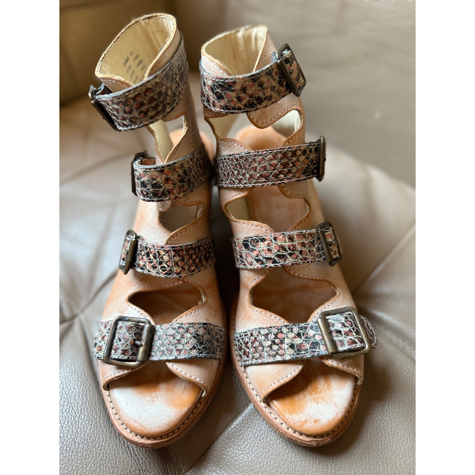 Freebird by Steven Quail Tan Leather Snakeskin Gladiator Buckle Sandals Size 11
